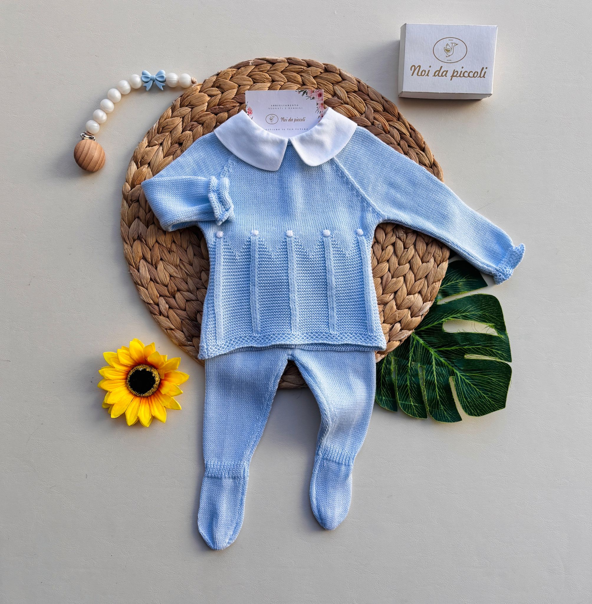 COMPLETO 2 PZ IN COTONE E ACRILICO CON COLLETTO BIANCO CELESTE - Noi da piccoli