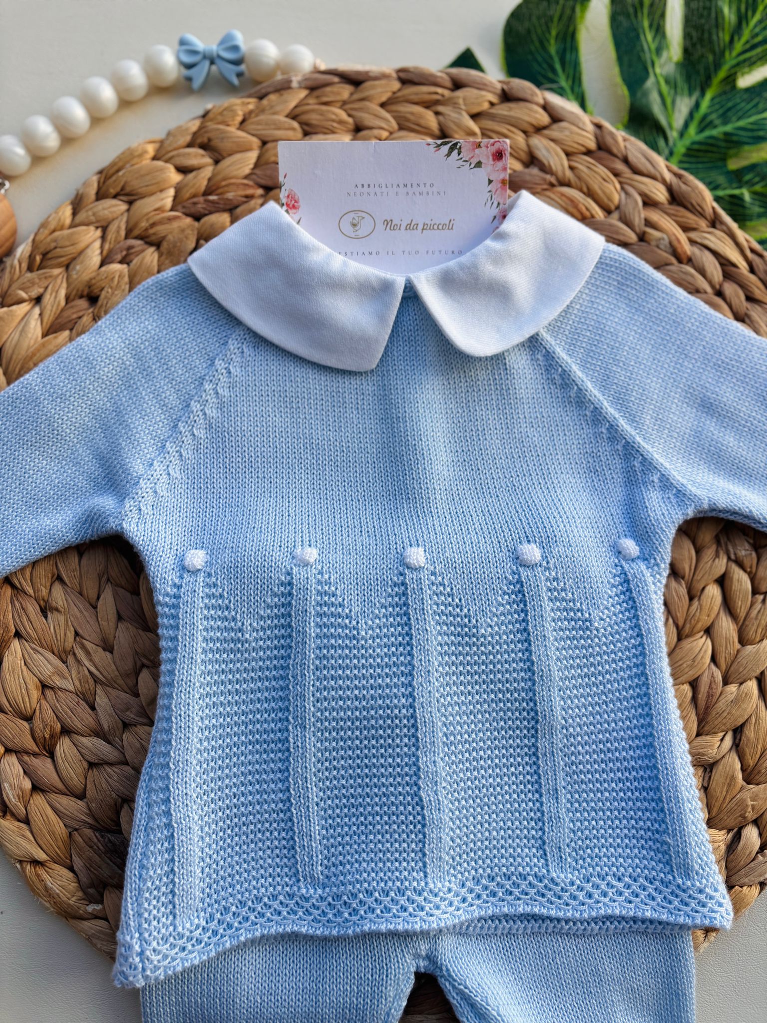 COMPLETO 2 PZ IN COTONE E ACRILICO CON COLLETTO BIANCO CELESTE - Noi da piccoli