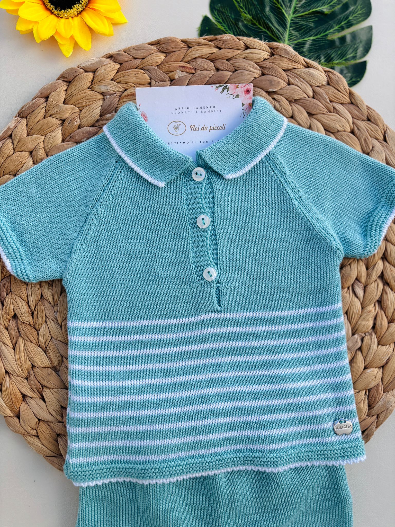 COMPLETO 2 PZ IN COTONE E ACRILICO CON RIGHE E BOTTONCINI CENTRALI ACQUAMARINA - Noi da piccoli