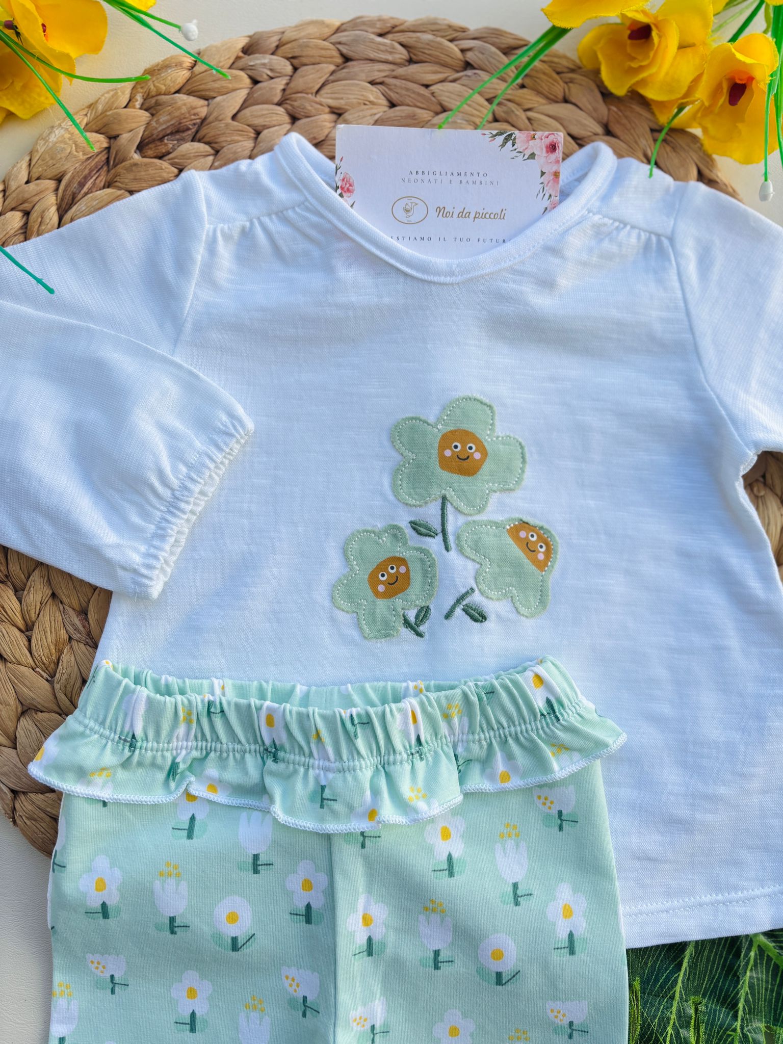 COMPLETO 2 PZ IN COTONE MARGHERITE BIANCO VERDE - Noi da piccoli