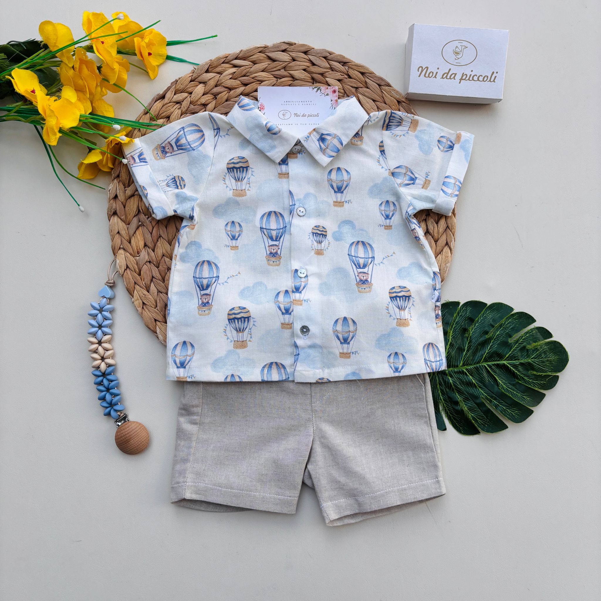 COMPLETO 2 PZ IN COTONE MONGOLFIERE BIANCO BEIGE - Noi da piccoli