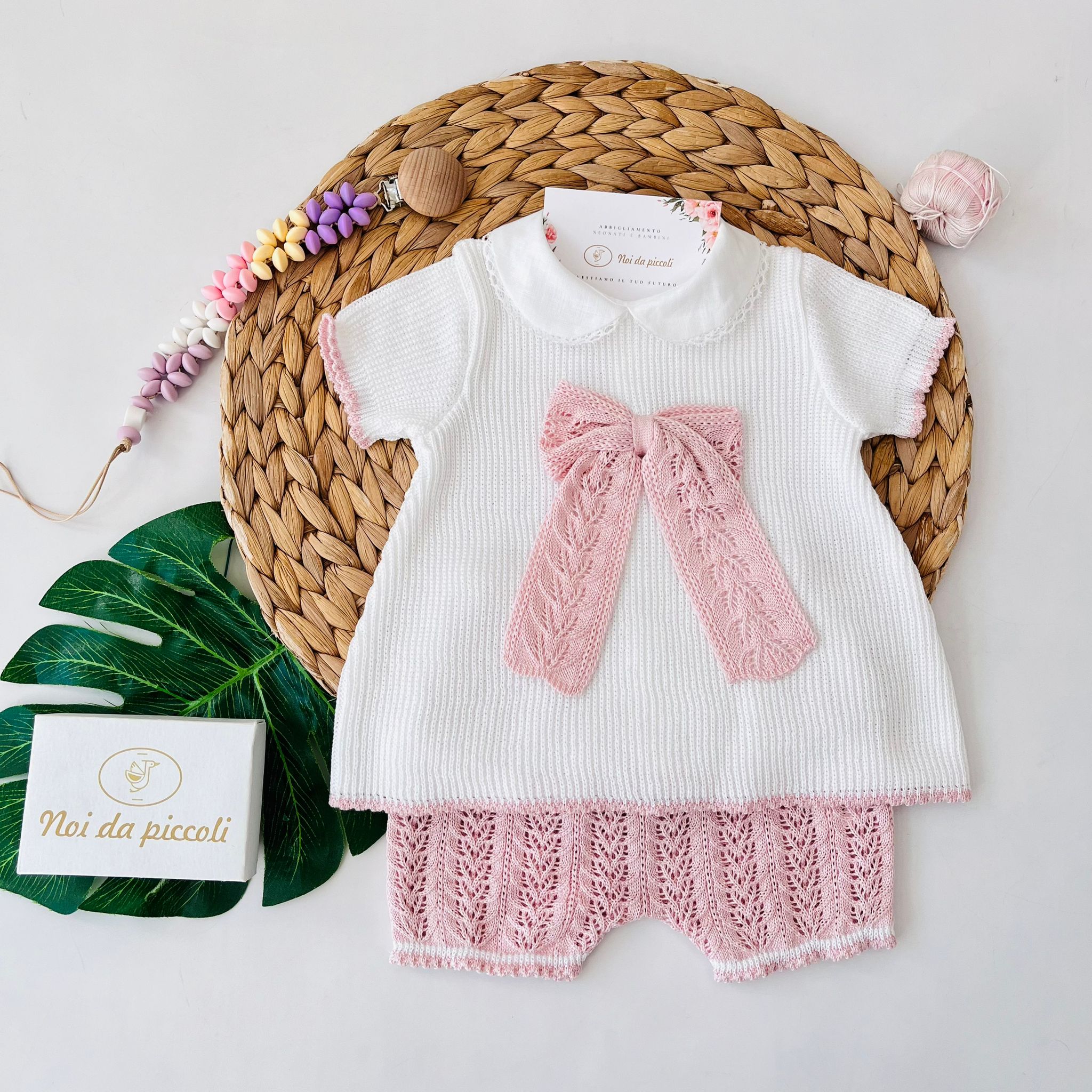 COMPLETO 2PZ 100% FILO DI COTONE BIANCO ROSA - Noi da piccoli