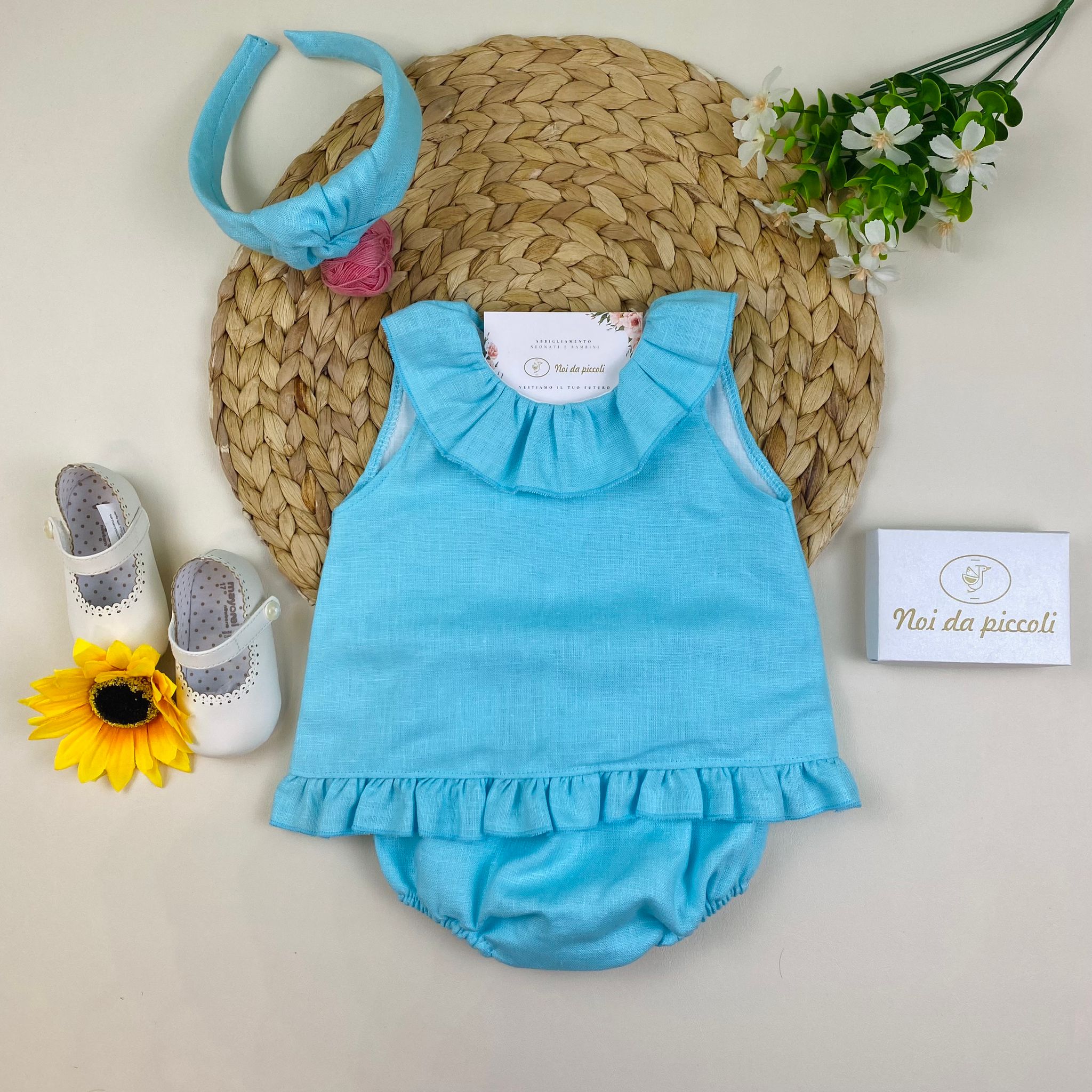 COMPLETO 2PZ 100% lino Turchese - Noi da piccoli