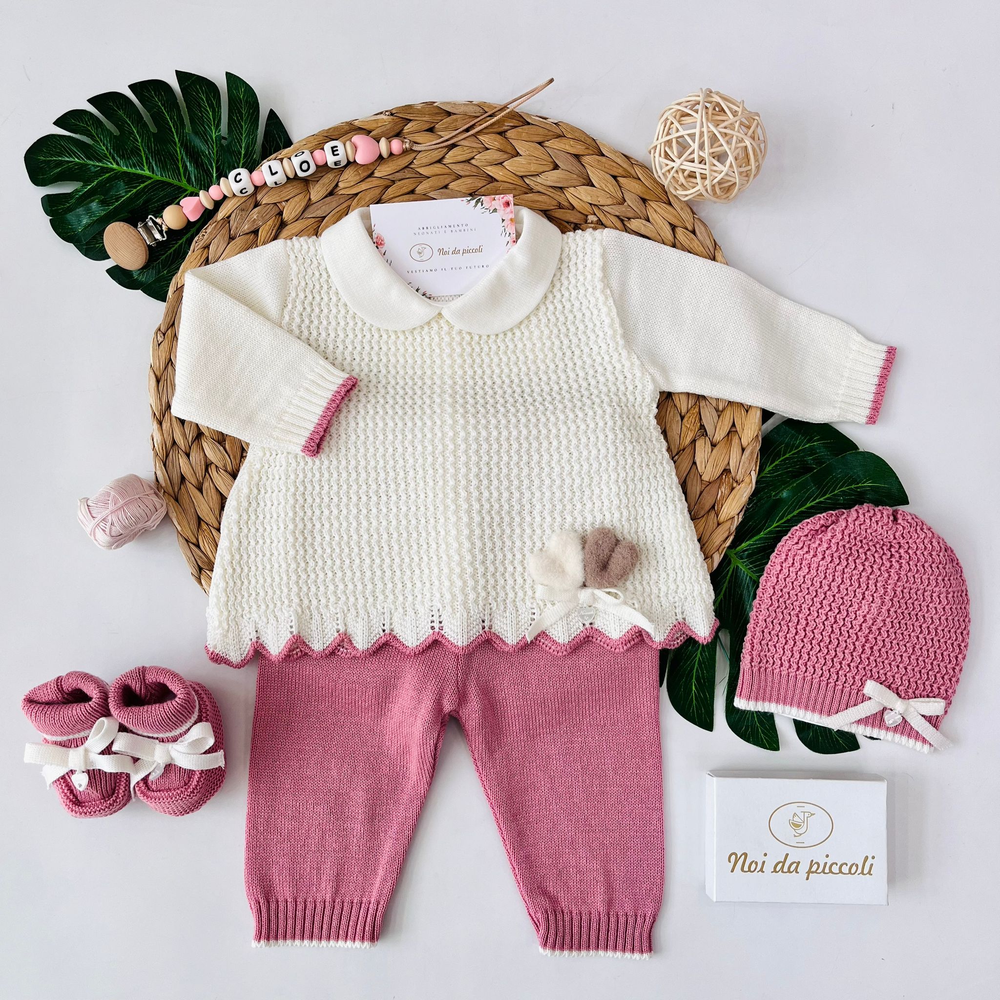 COMPLETO 2PZ CON PARURE KNIT FILATO CALDO MALVA E CREMA - Noi da piccoli