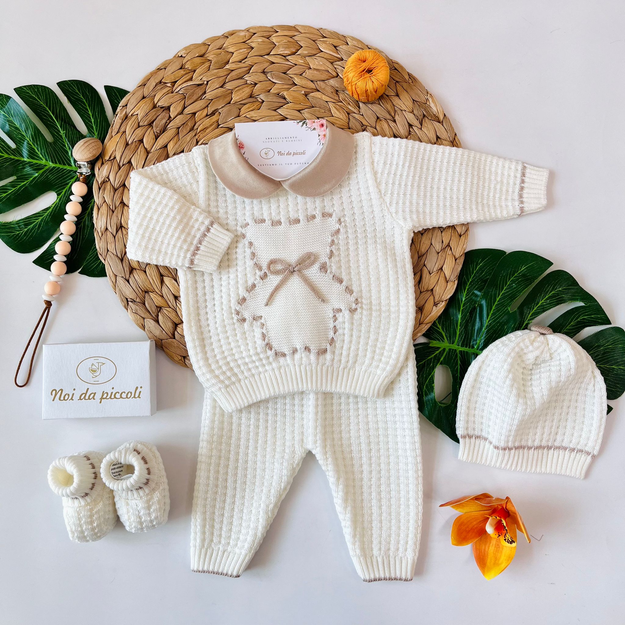 COMPLETO 2PZ CON PARURE ORSO 100% LANA VANIGLIA CAMMELLO - Noi da piccoli