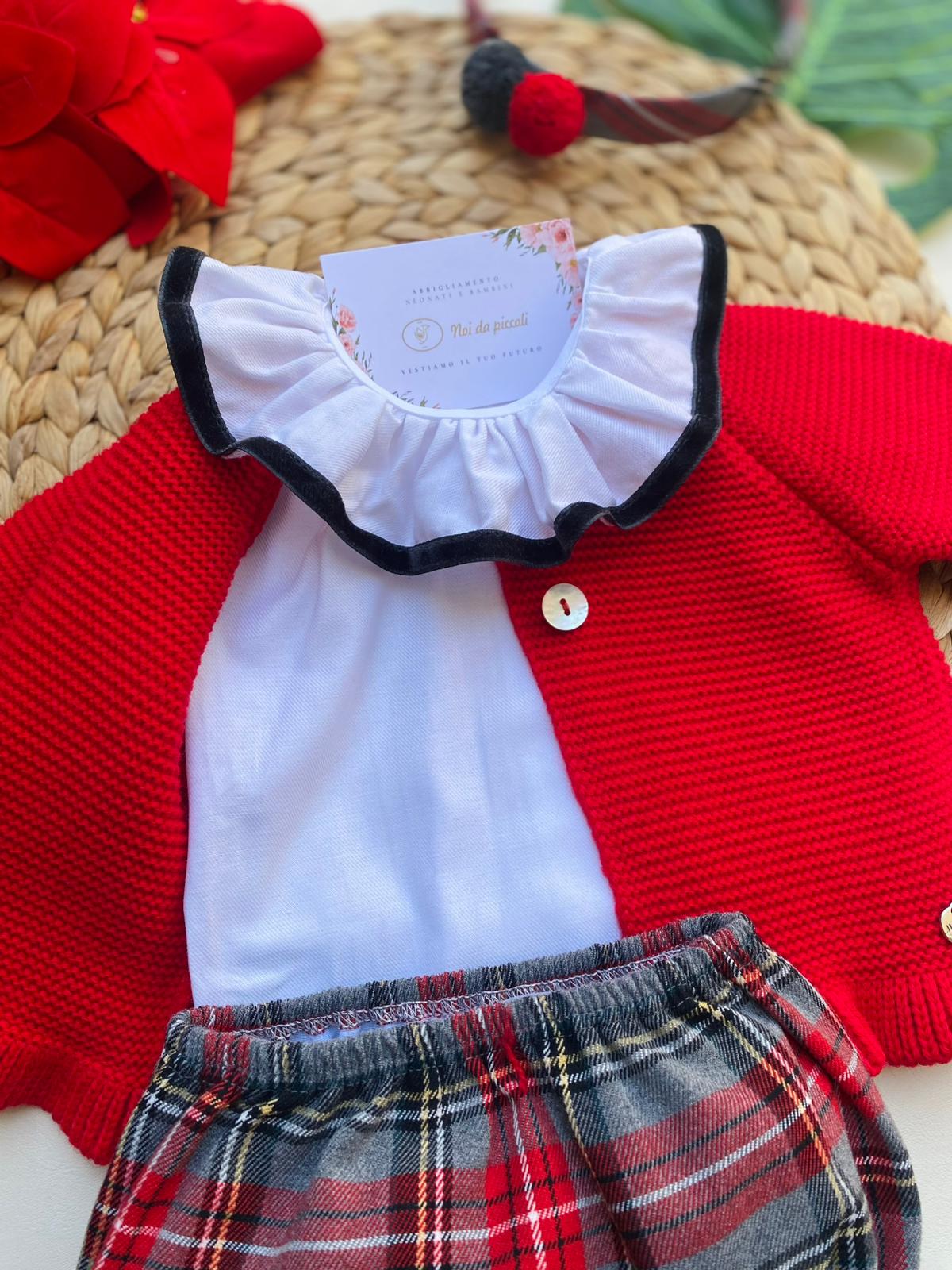 COMPLETO 3 PZ A QUADRONI NATALIZIO FILATO CALDO ROSSO NATALIZIO - Noi da piccoli