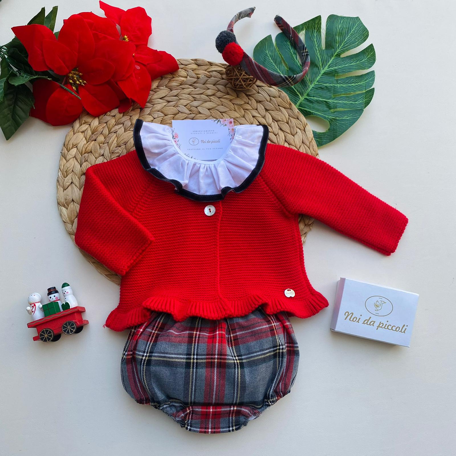 COMPLETO 3 PZ A QUADRONI NATALIZIO FILATO CALDO ROSSO NATALIZIO - Noi da piccoli