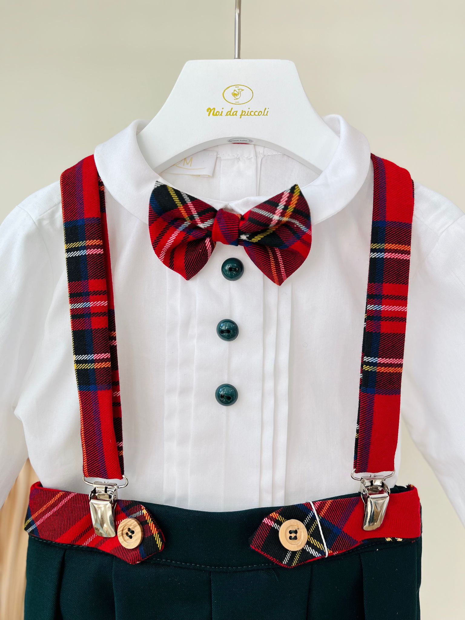 COMPLETO 3 PZ CERIMONIALE CON PAPILLON E BRETELLE IN TARTAN BIANCO VERDE - Noi da piccoli