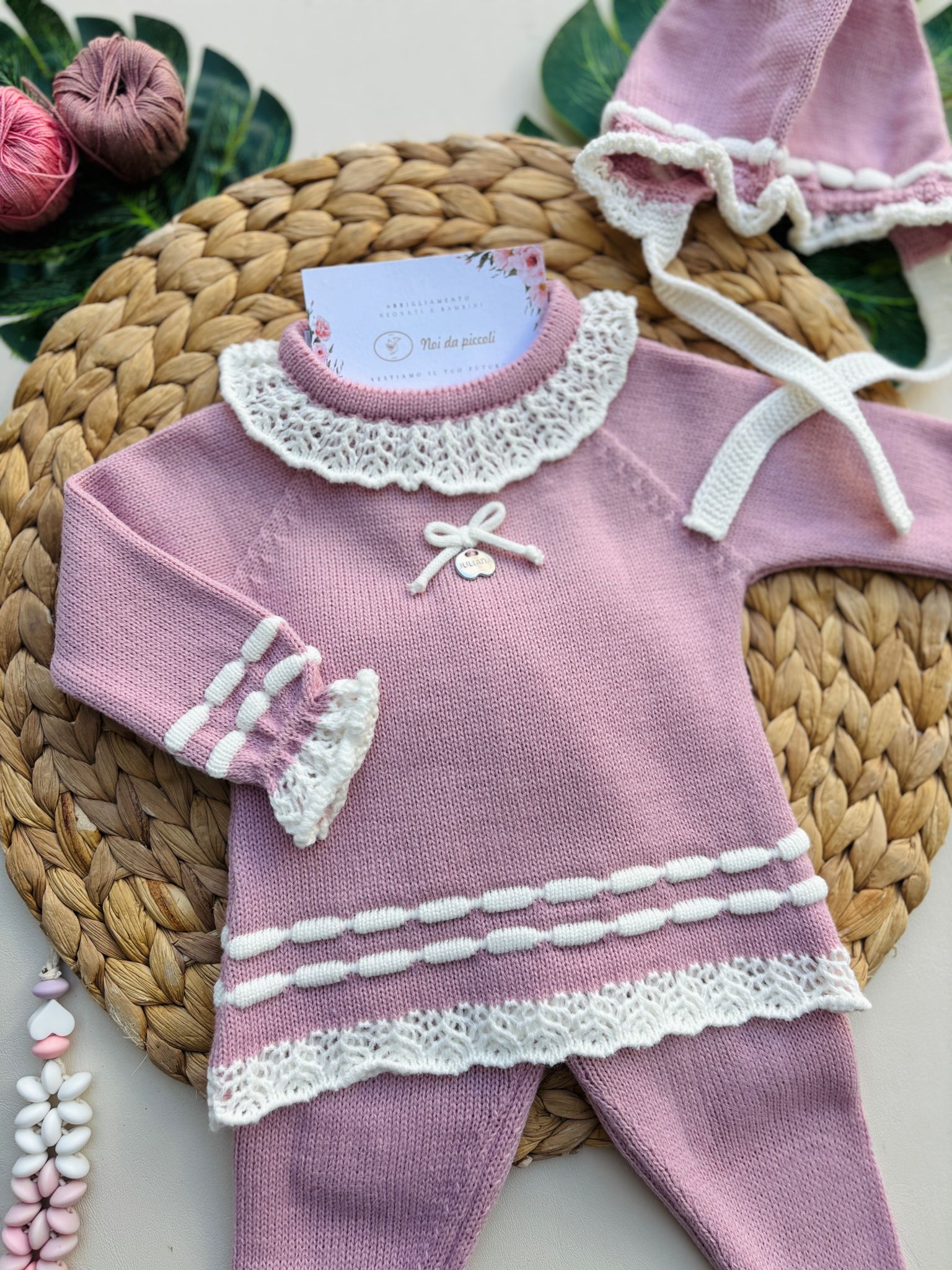 COMPLETO 3 PZ CON FIOCCHETTO 100% ACRILICO ROSA MAQUILLAJE - Noi da piccoli