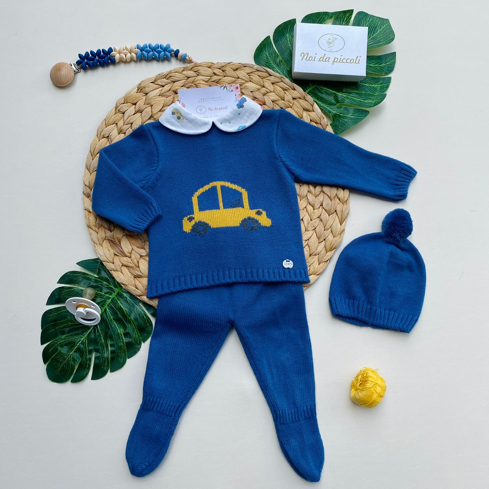 COMPLETO 3 PZ CON MACCHININA FILATO CALDO BLU COBALTO - Noi da piccoli