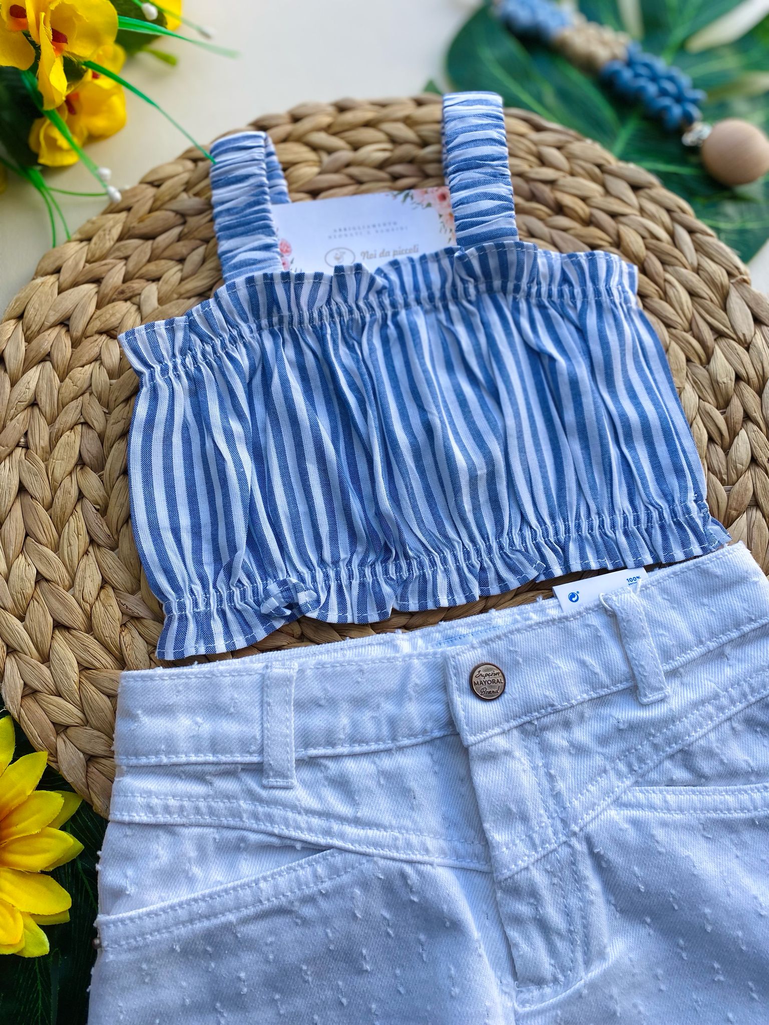 COMPLETO 3 PZ CON PANTALONCINO BIANCO CON TOP E CAMICIA A RIGHE BIANCO E BLU - Noi da piccoli