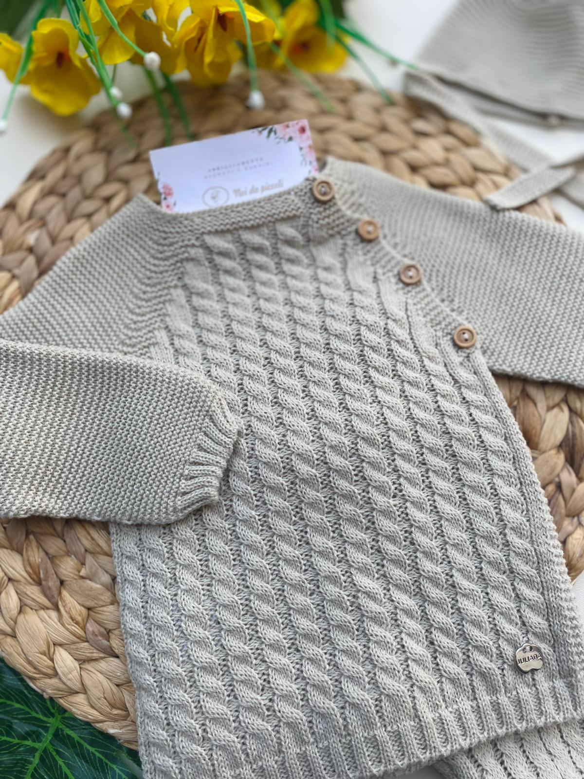 COMPLETO 3 PZ CON RICAMI AD INTRECCIO FILATO CALDO SABBIA - Noi da piccoli