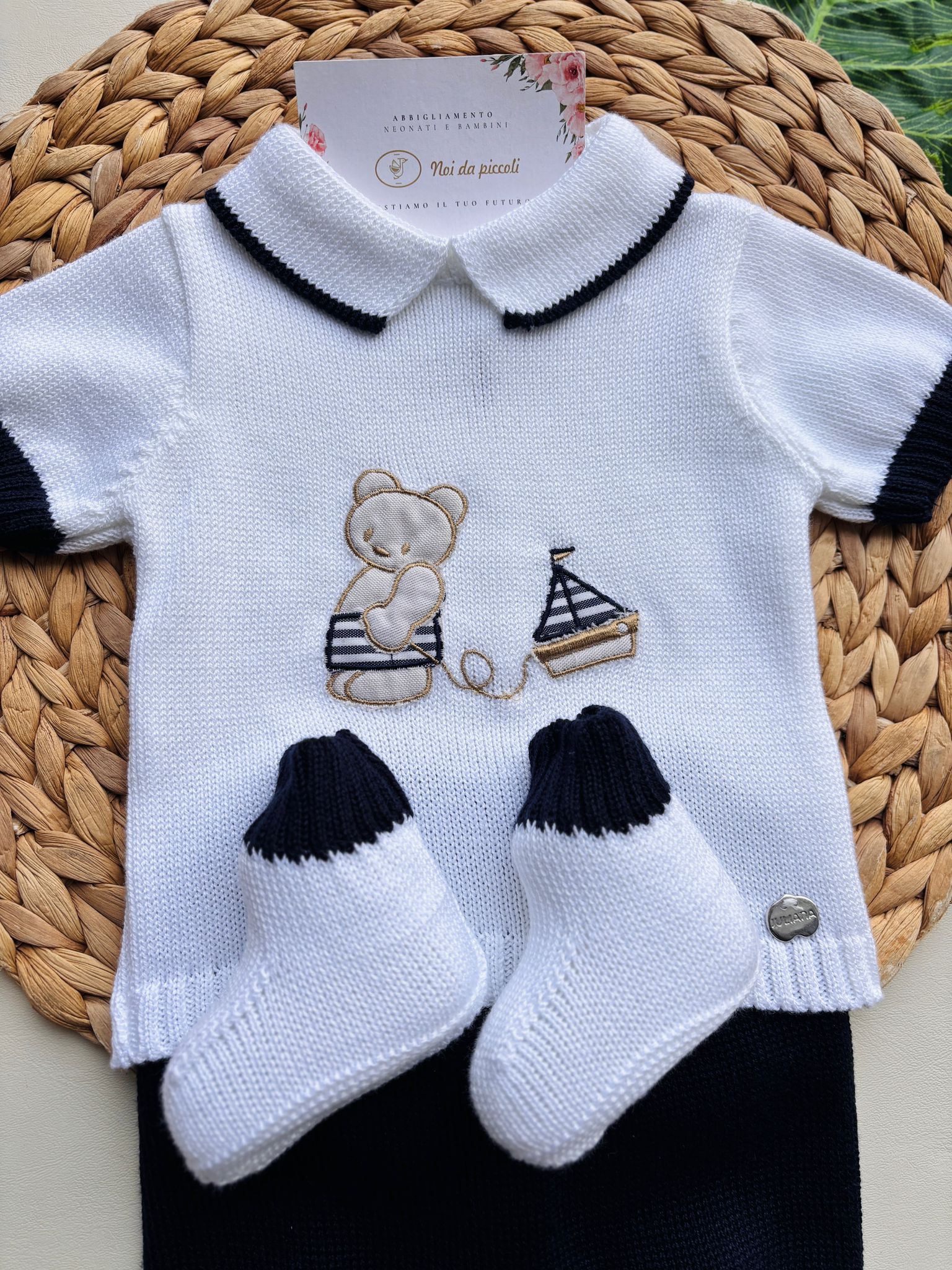 COMPLETO 3 PZ CORTO IN COTONE E ACRILICO BIANCO E MARINO - Noi da piccoli