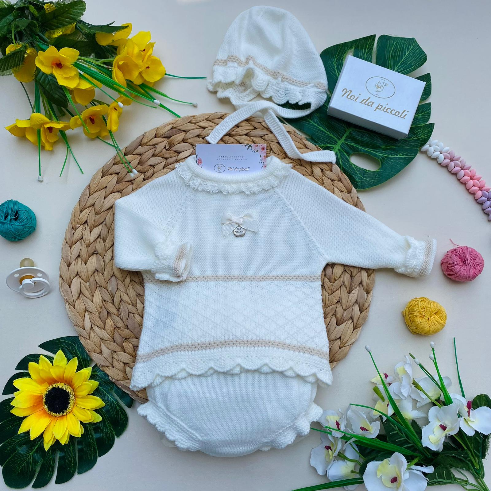 COMPLETO 3 PZ FILATO CALDO 100% ACRILICO AVORIO NIKA - Noi da piccoli