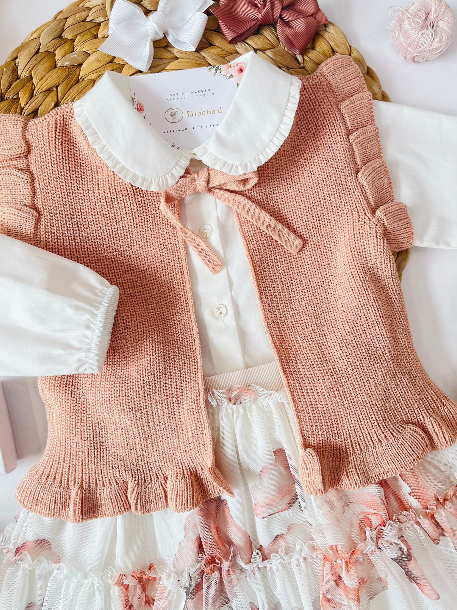 COMPLETO 3 PZ FIORI D'AUTUTNNO COTONE CALDO PANNA E PESCA - Noi da piccoli