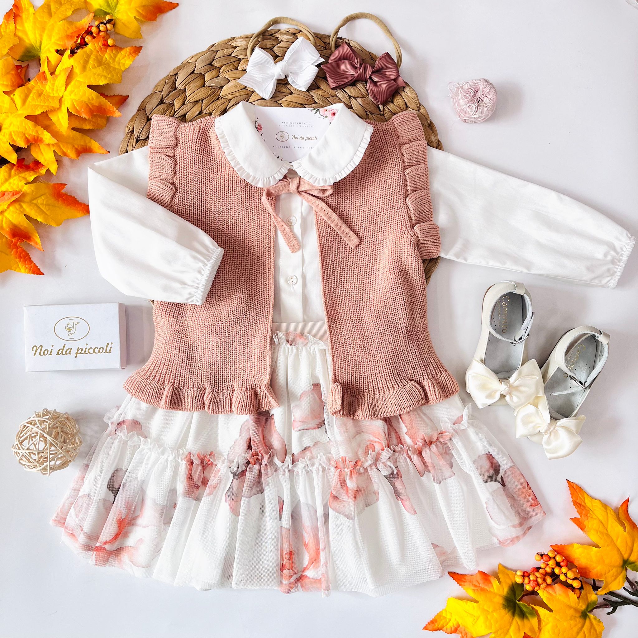 COMPLETO 3 PZ FIORI D'AUTUTNNO COTONE CALDO PANNA E PESCA - Noi da piccoli