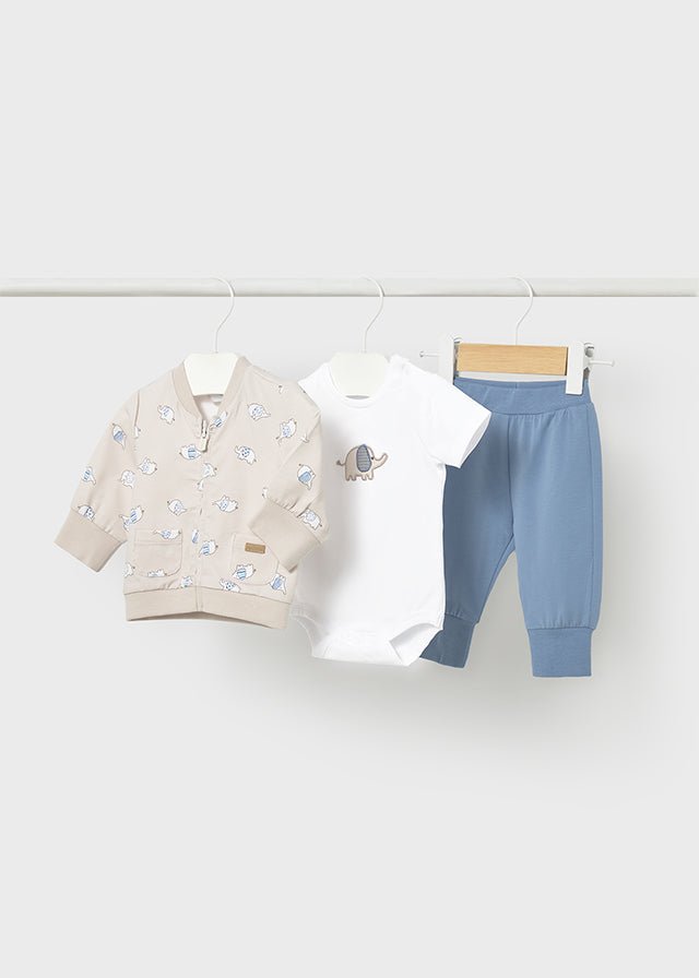 COMPLETO 3 PZ IN COTONE CON ELEFANTINI BEIGE E CIELO - Noi da piccoli