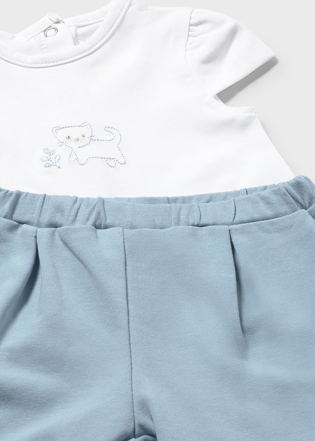 COMPLETO 3 PZ IN COTONE CON GATTINI E FOGLIOLINE CIELO - Noi da piccoli