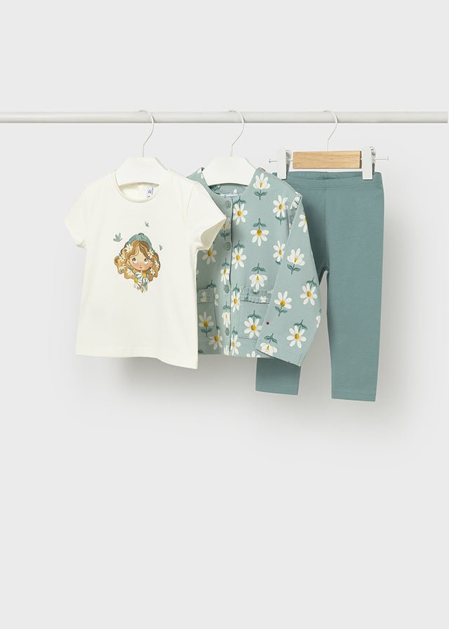 COMPLETO 3 PZ IN COTONE CON MARGHERITE VERDE - Noi da piccoli