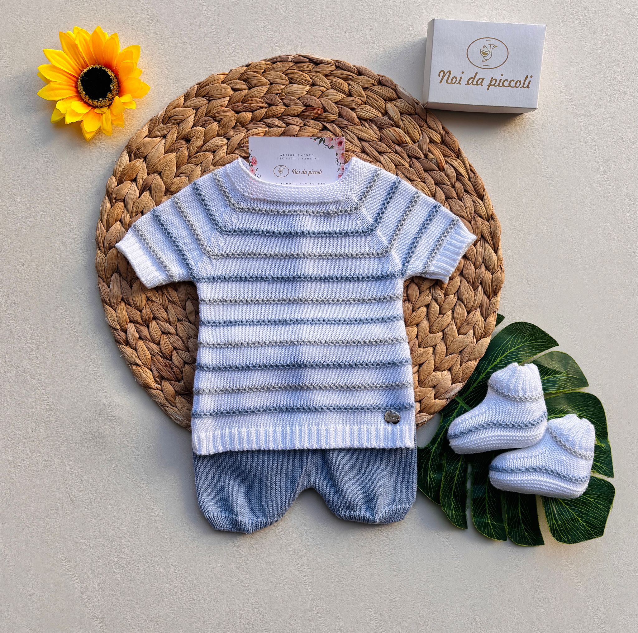 COMPLETO 3 PZ IN COTONE E ACRILICO A STRISCE Bianco Cielo - Noi da piccoli