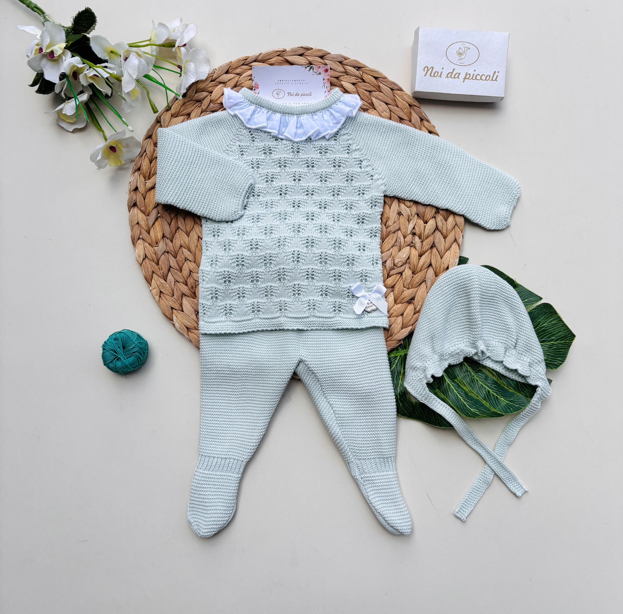 COMPLETO 3 PZ IN COTONE E ACRILICO CON COLLETTO BIANCO VERDE - Noi da piccoli
