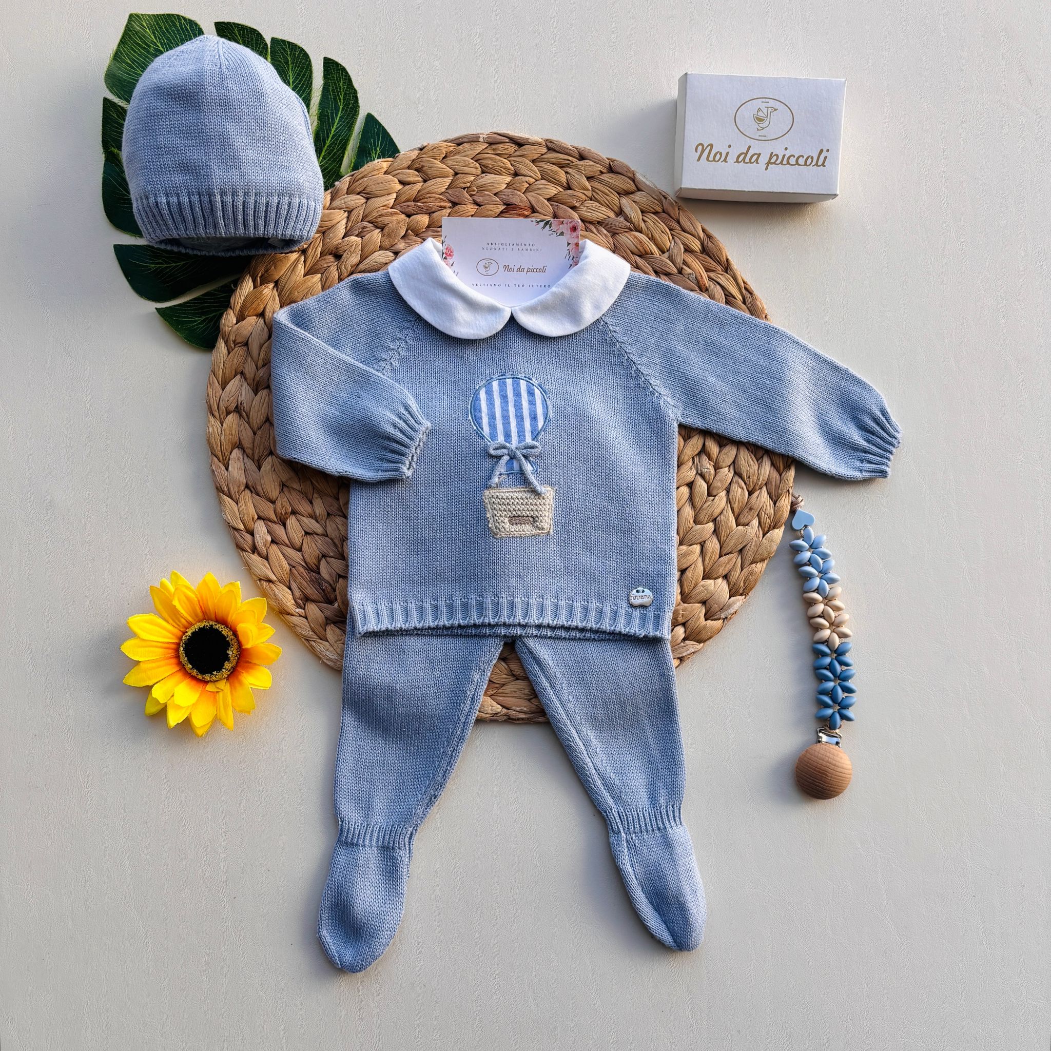 COMPLETO 3 PZ IN COTONE E ACRILICO CON PALLONCINO A RIGHE CIELO - Noi da piccoli