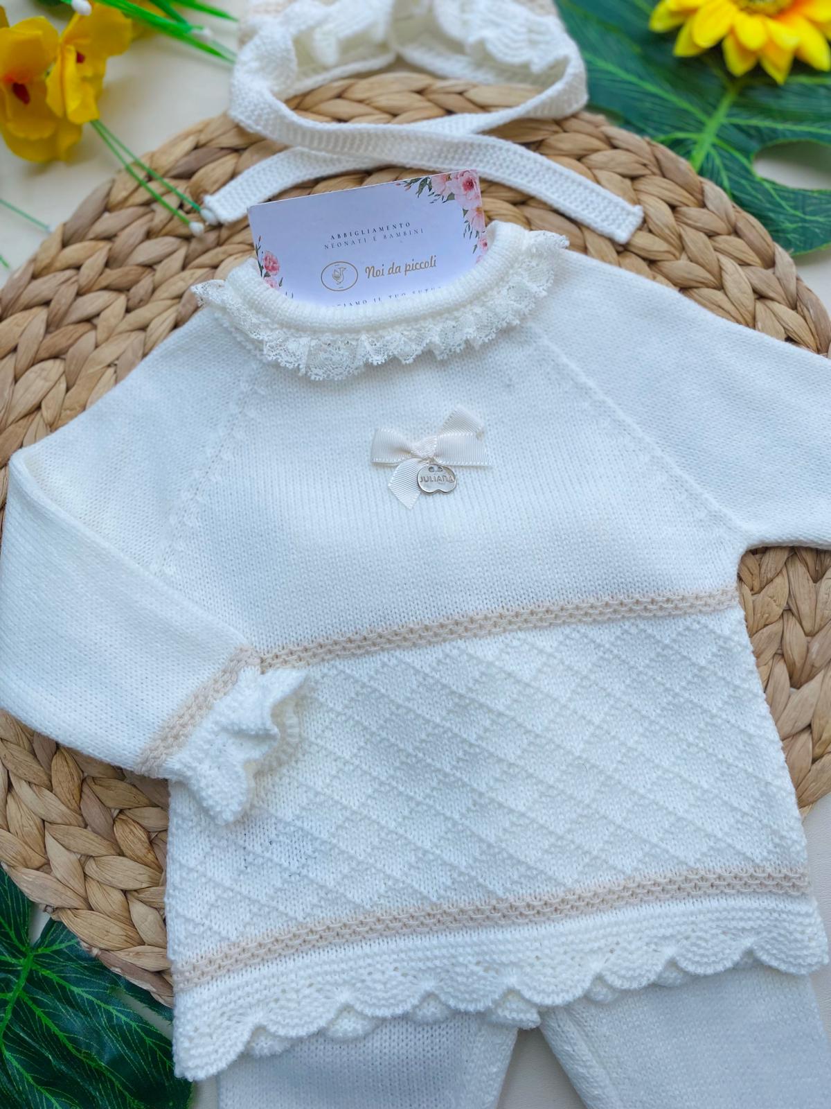 COMPLETO 3 PZ LUNGO FILATO CALDO 100% ACRILICO AVORIO NIKA - Noi da piccoli