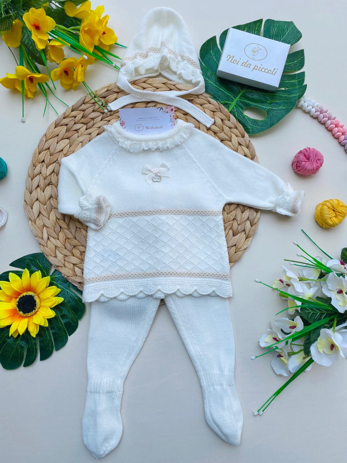 COMPLETO 3 PZ LUNGO FILATO CALDO 100% ACRILICO AVORIO NIKA - Noi da piccoli