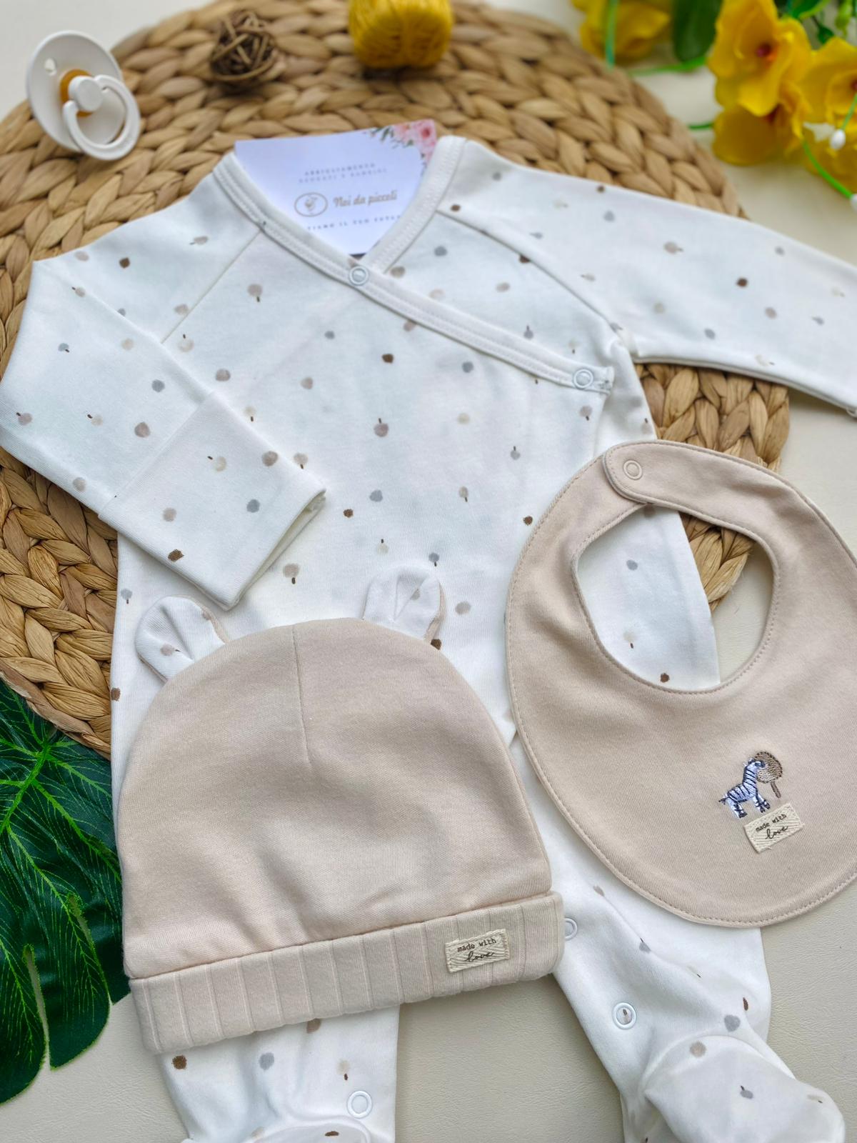 COMPLETO 3 PZ ORSETTO FILATO CALDO BIANCO BEIGE - Noi da piccoli