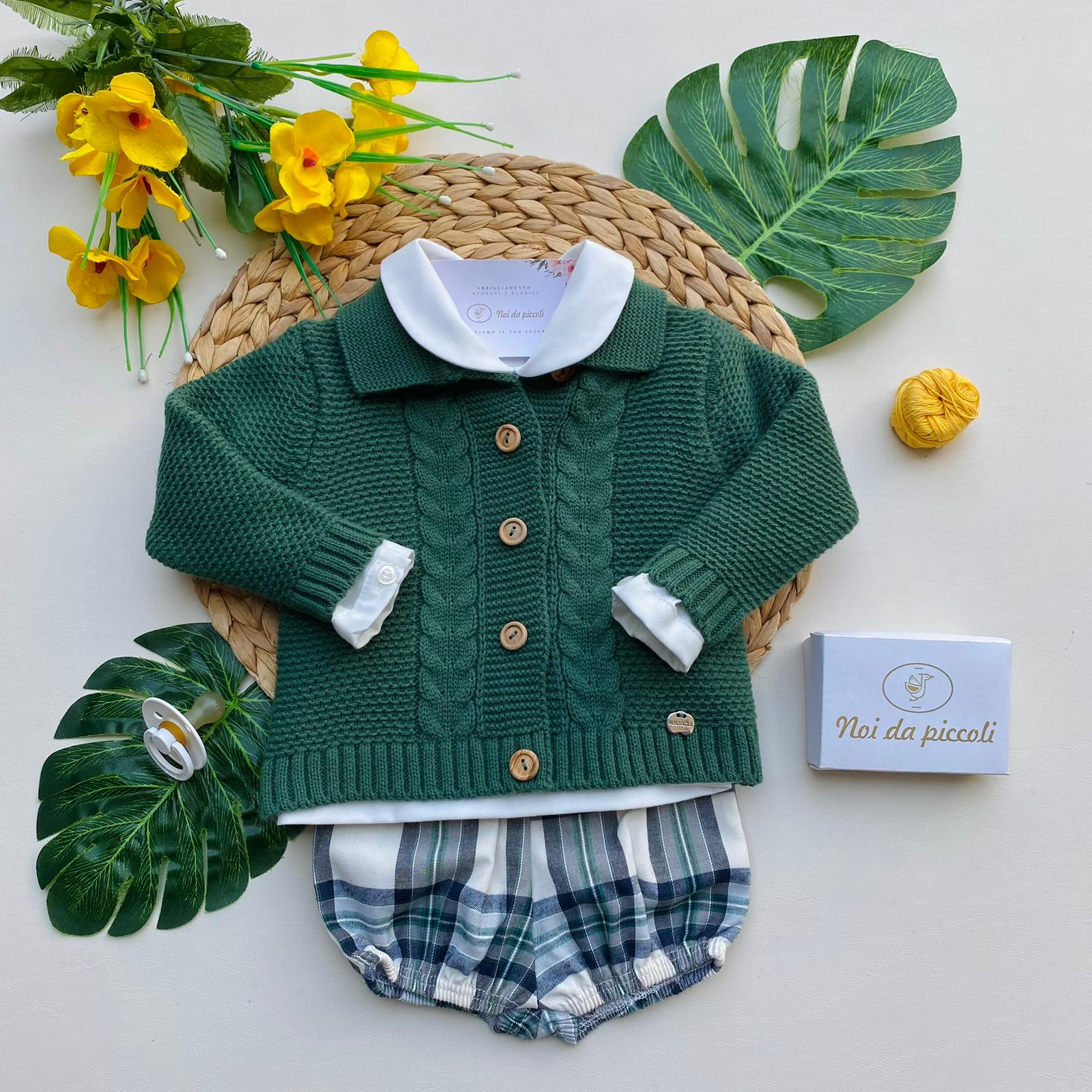COMPLETO 3 PZ QUADRONI FILATO CALDO VERDE QUADRONI - Noi da piccoli