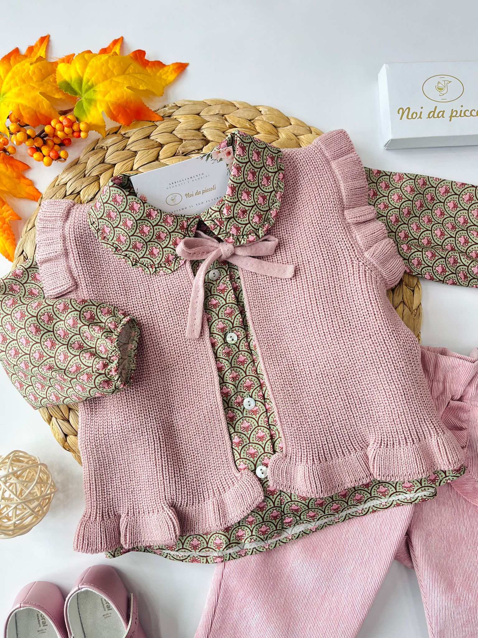 COMPLETO 3 PZ SCALLOP FLORALE COTONE CALDO VERDE E MALVA - Noi da piccoli