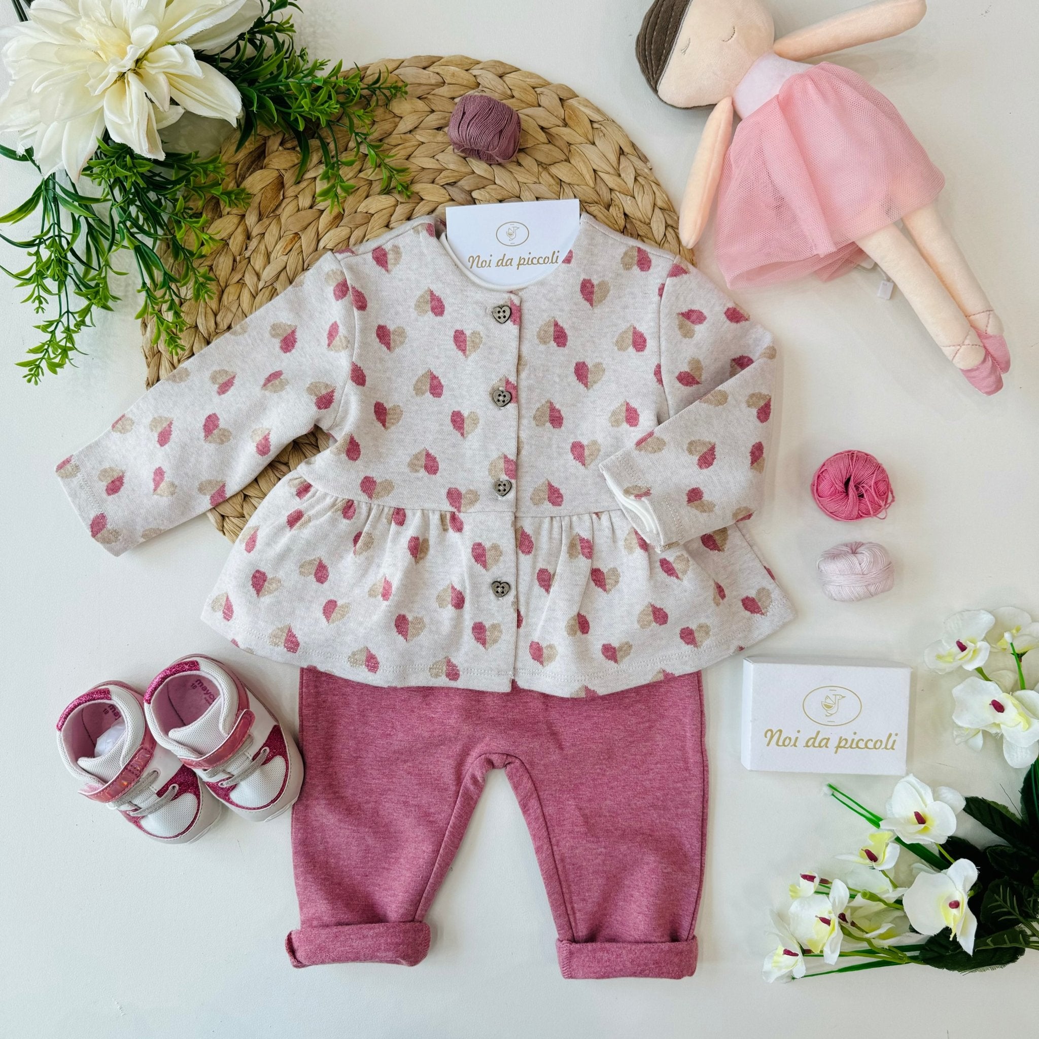 COMPLETO 3PZ CUORICINI ROSA E BEIGE MID - Noi da piccoli