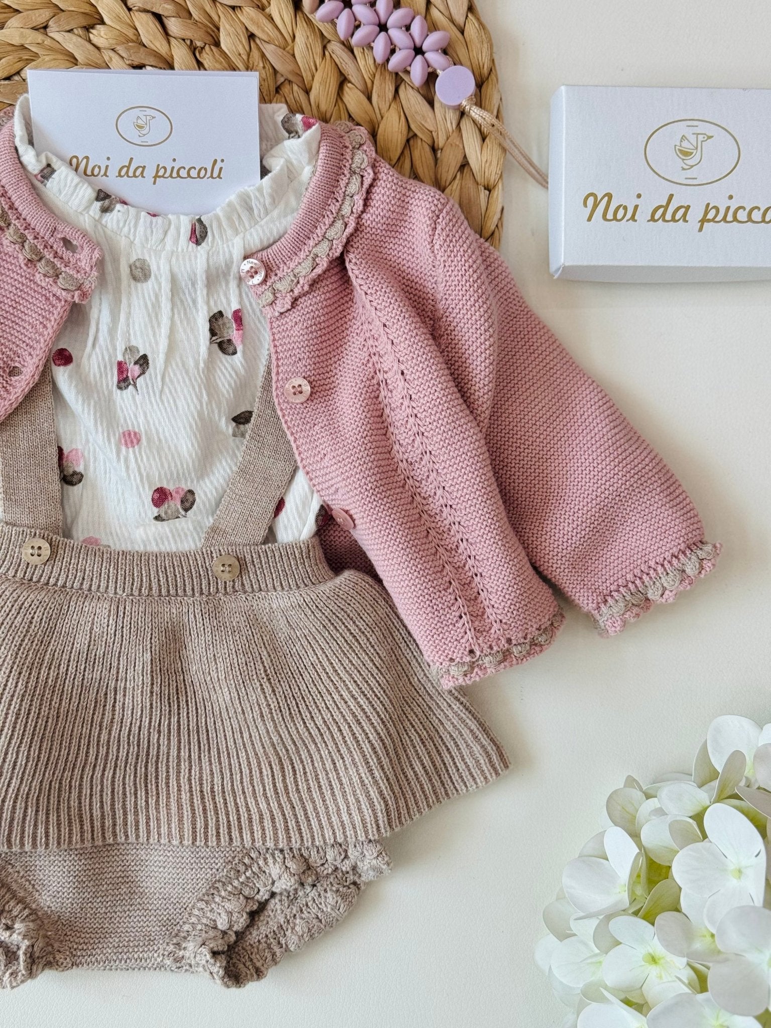 COMPLETO 3PZ FILATO DI COTONE CALDO ROSA E BEIGE - Noi da piccoli