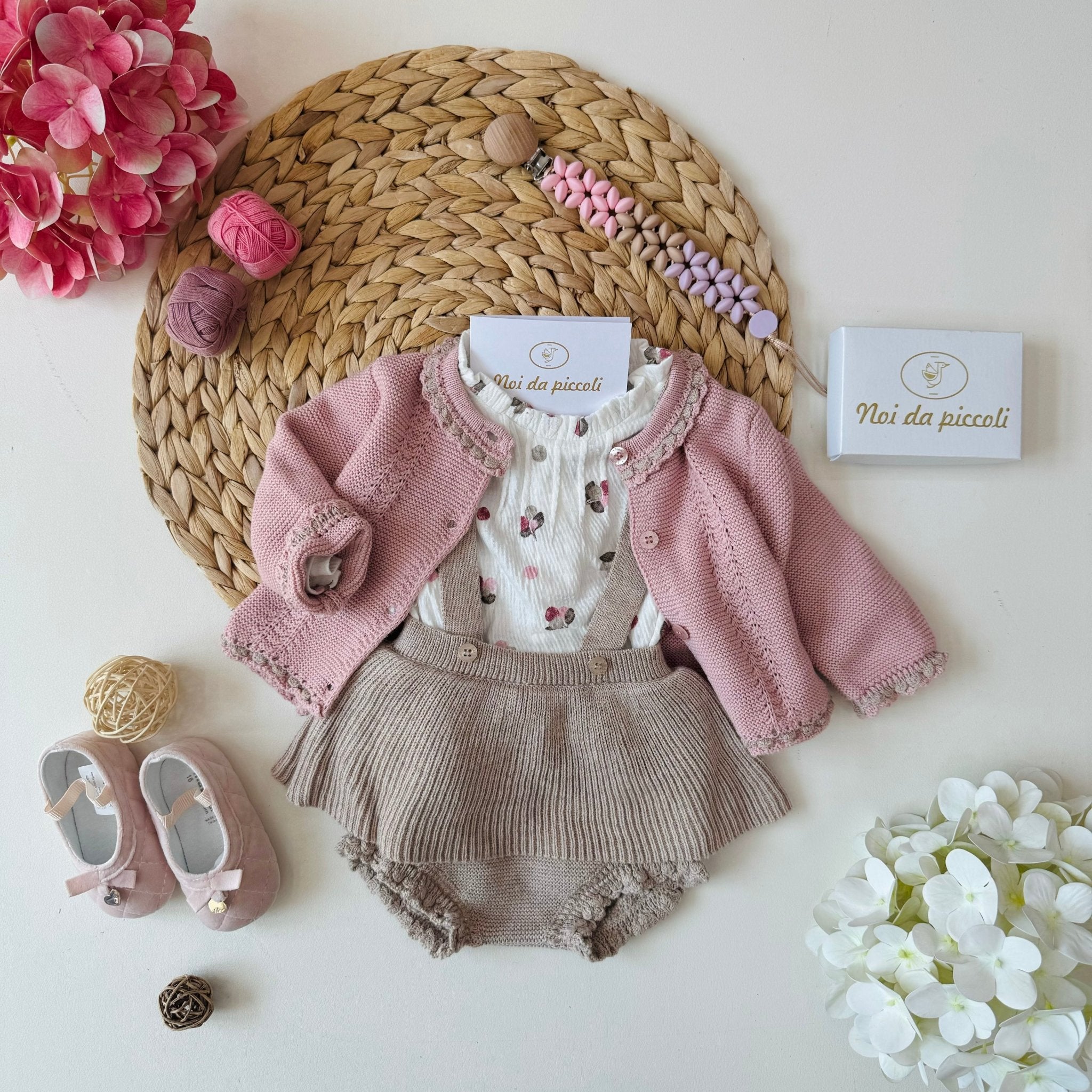 COMPLETO 3PZ FILATO DI COTONE CALDO ROSA E BEIGE - Noi da piccoli