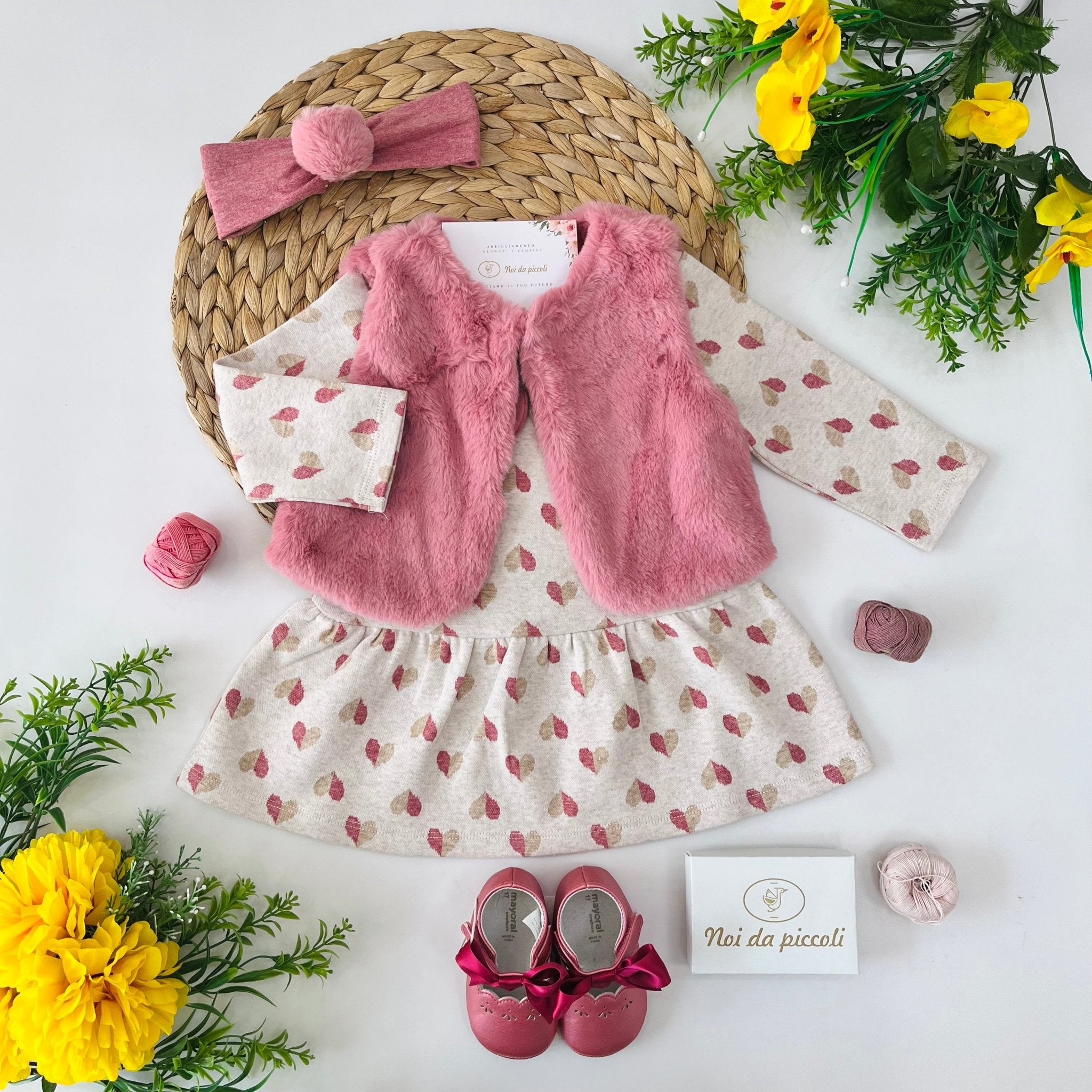 COMPLETO 3PZ IN FELPA E PELLICCETA ROSA E BEIGE - Noi da piccoli