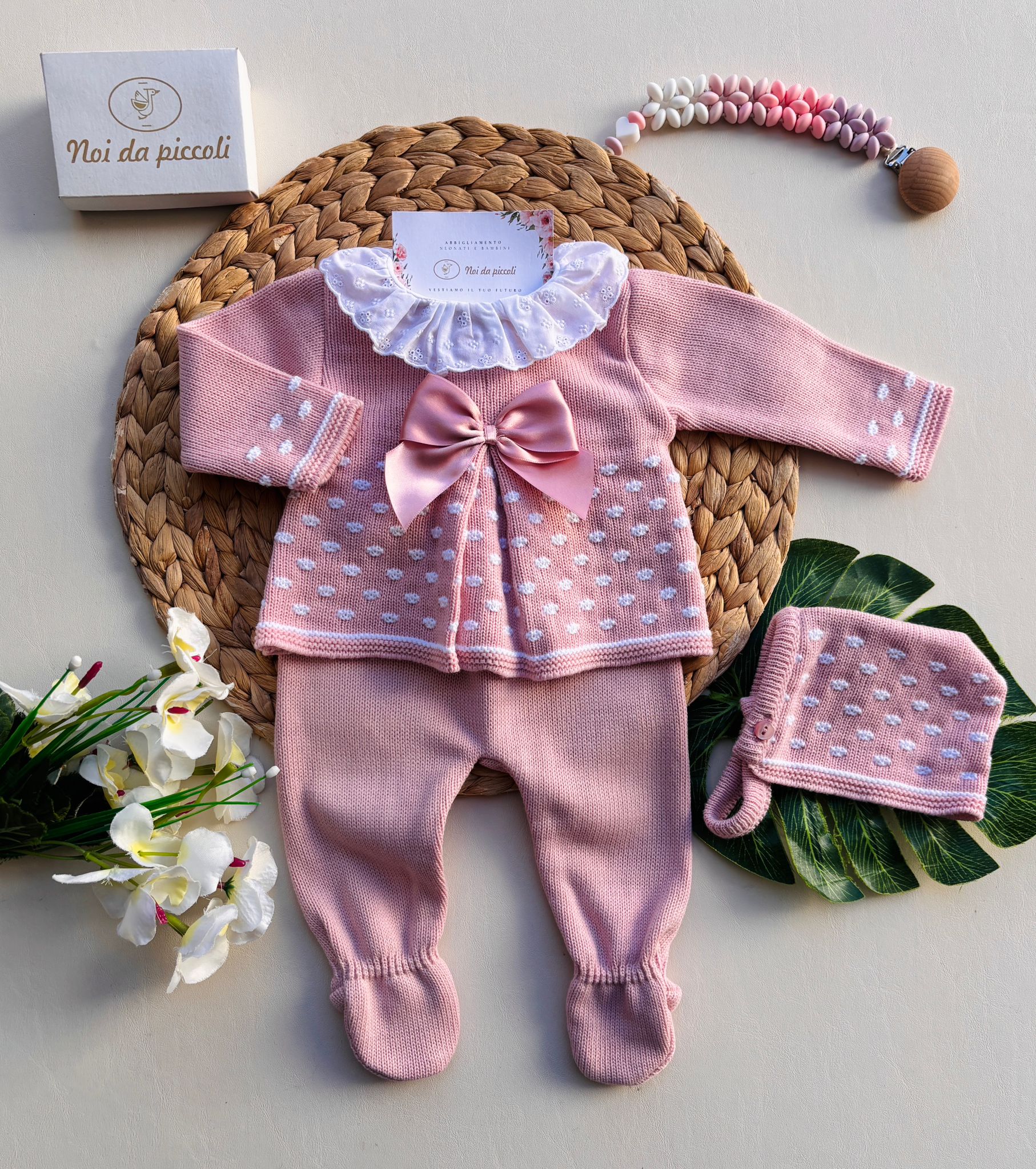 COMPLETO 3PZ POIS E FIOCCO FILATO CALDO ROSADO - Noi da piccoli