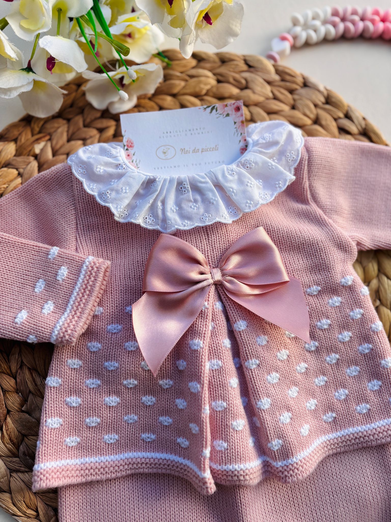 COMPLETO 3PZ POIS E FIOCCO FILATO CALDO ROSADO - Noi da piccoli