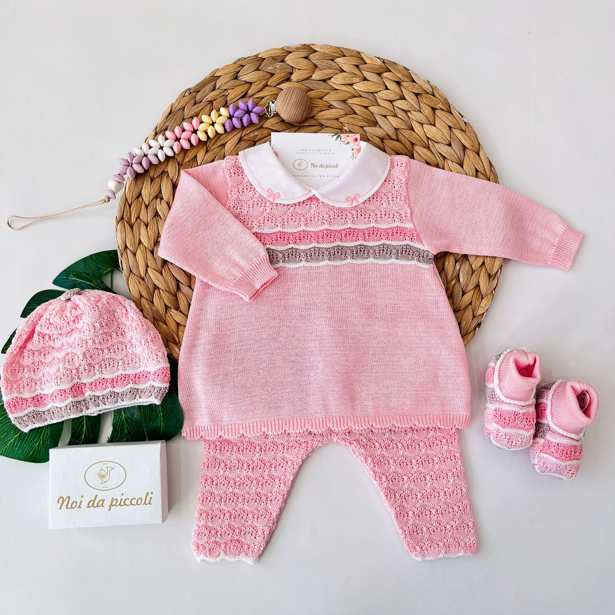 COMPLETO CON PARURE 100% FILO DI COTONE ROSA MULTICOLOR - Noi da piccoli