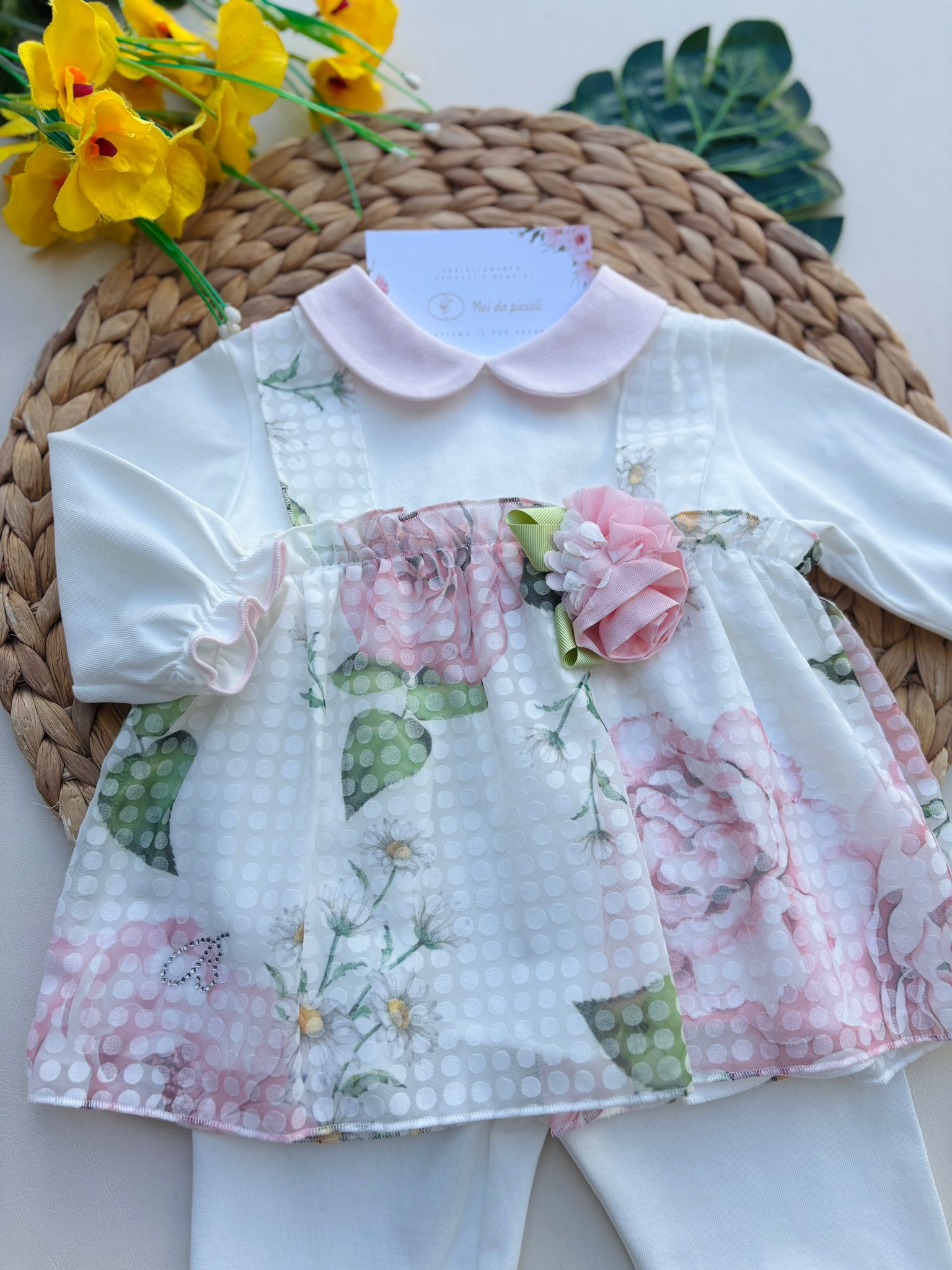 COMPLETO IN COTONE CON STAMPA FLOREALE BIANCO ROSA - Noi da piccoli