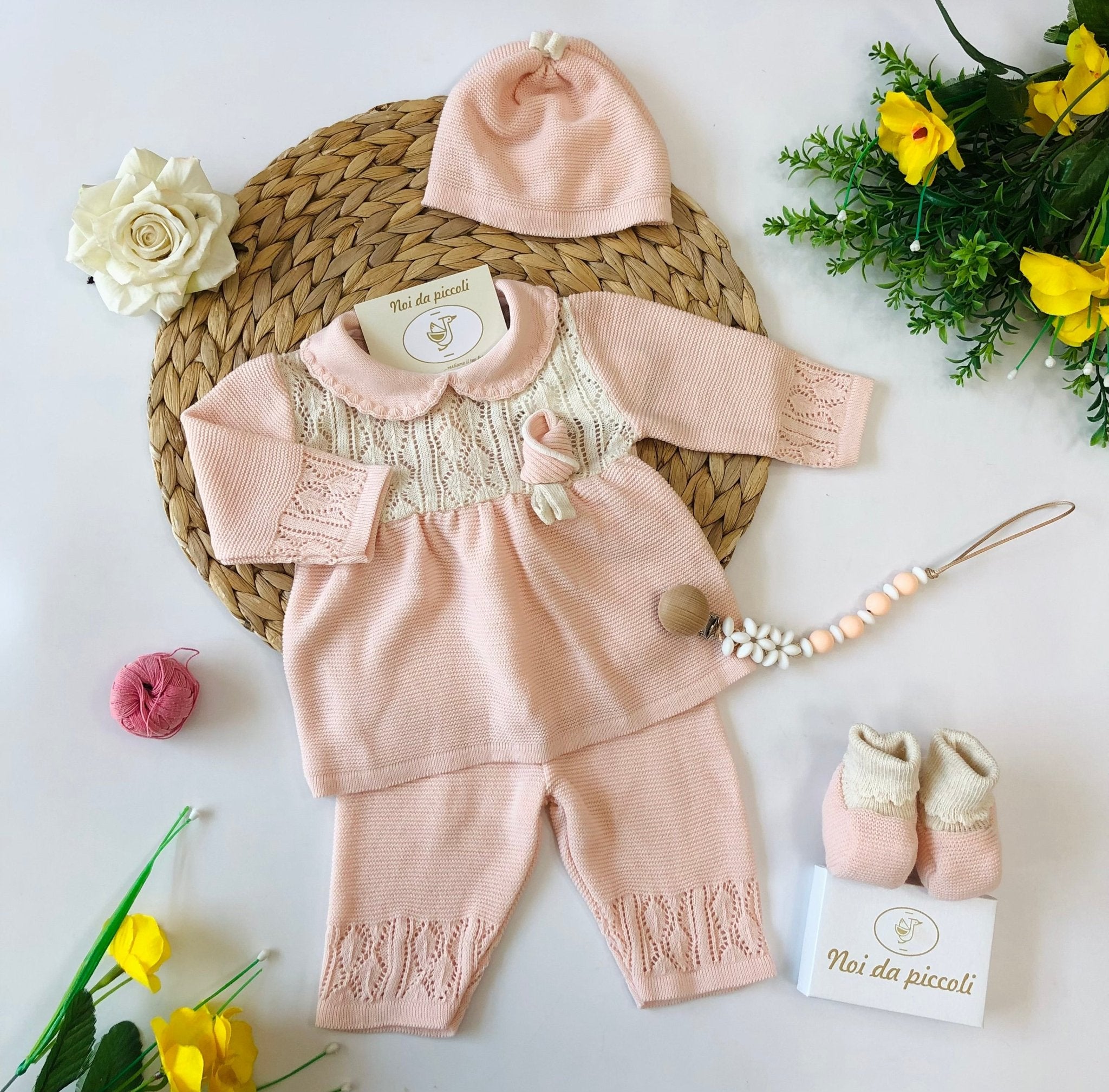 COORDINATO CON COMPLETO 2 PZ IN MISTO LANA BEIGE ROSA - Noi da piccoli