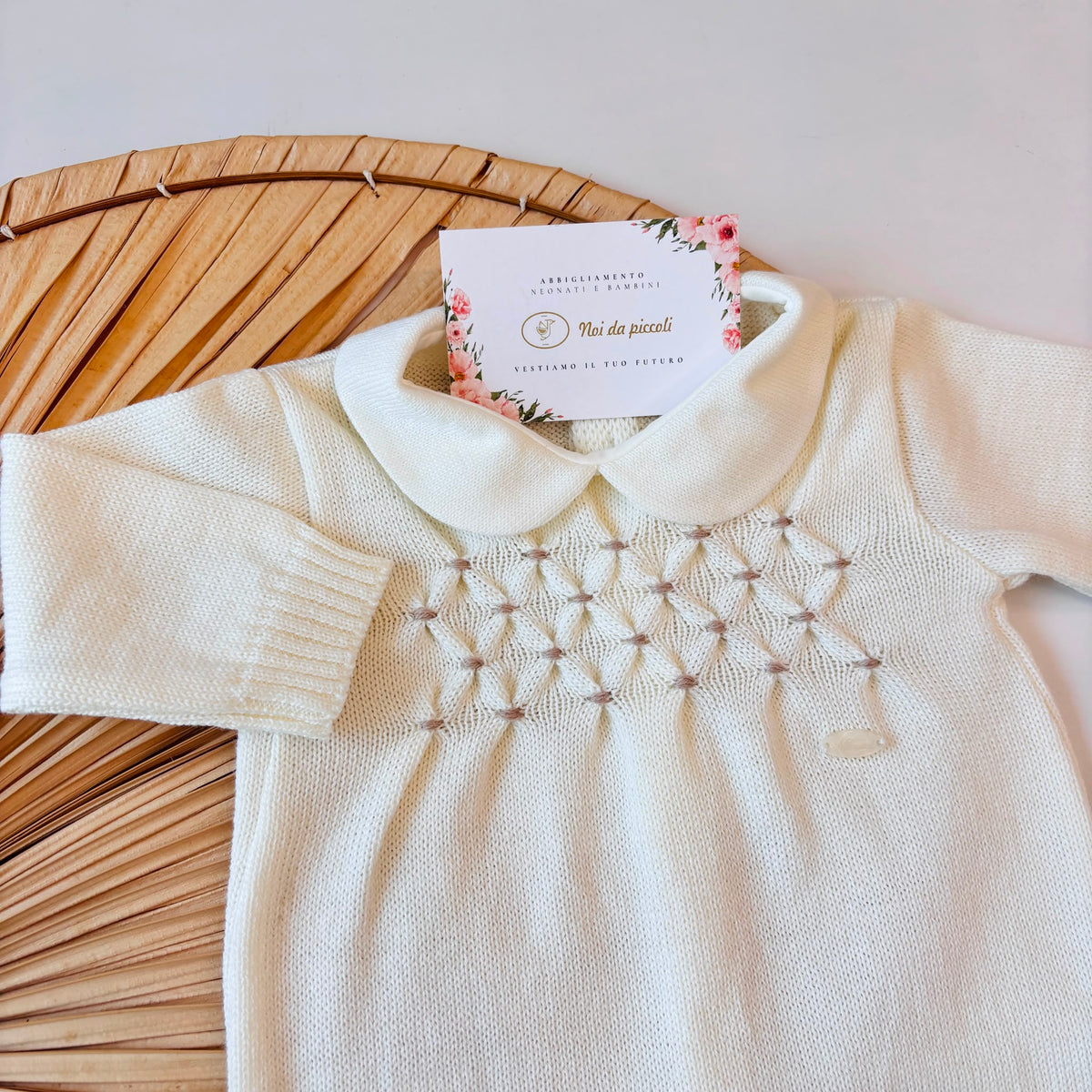 COORDINATO NASCITA lana con punto smock PANNA - Noi da piccoli