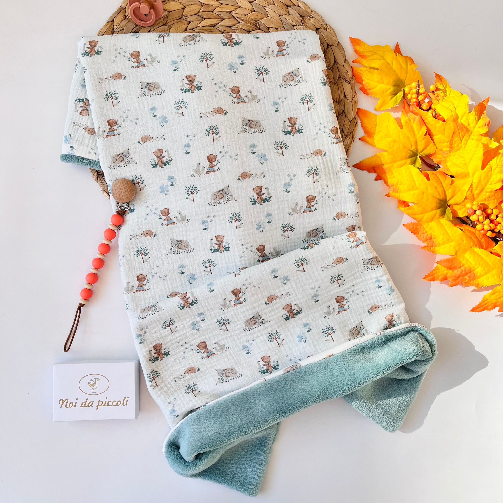 COPERTINA ANIMALI DI BOSCO DOUBLE FACE CINIGLIA E MUSSOLA VERDE - Noi da piccoli