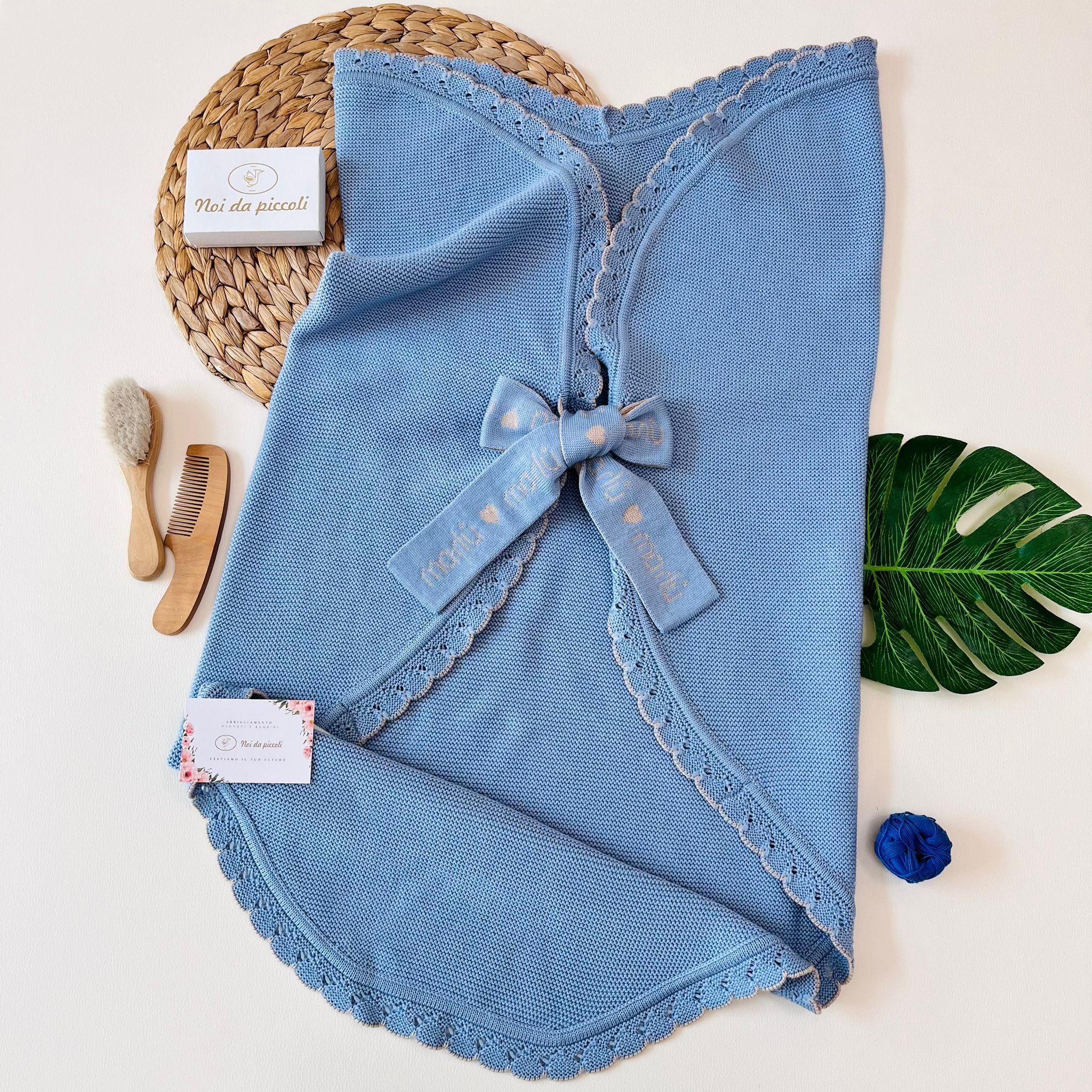 COPERTINA CUORE 100% LANA CIELO POLVERE CAMMELLO - Noi da piccoli