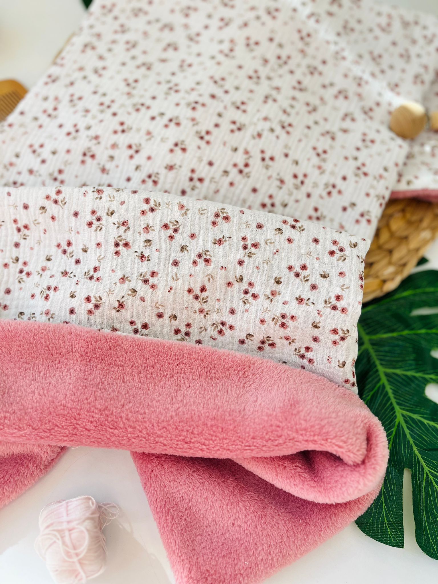 COPERTINA MUSSOLA FIORELLINI DOUBLE FACE COTONE CALDO MALVA - Noi da piccoli