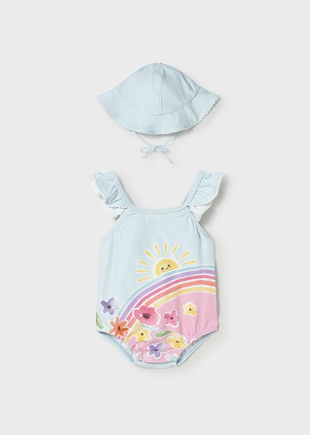 COSTUMINO INTERO CON FIORELLINI E CAPPELLINO CIELO - Noi da piccoli