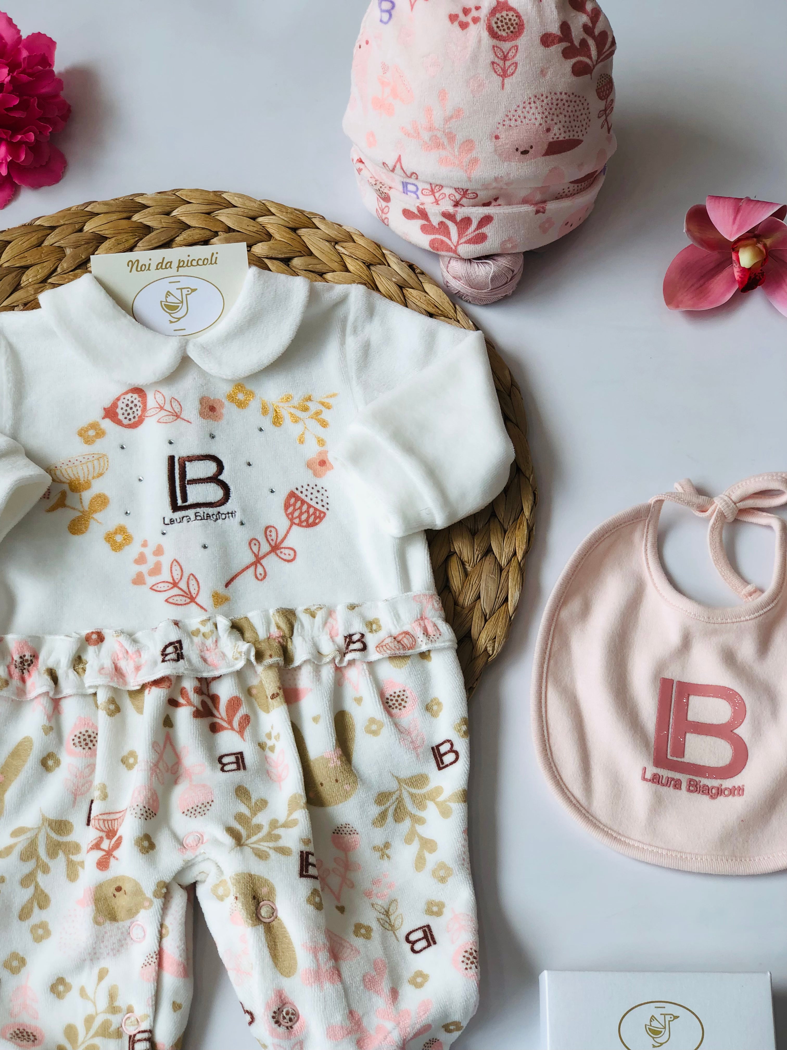 WHITE CHENILLE ROMPER WITH PEACH DETAILS