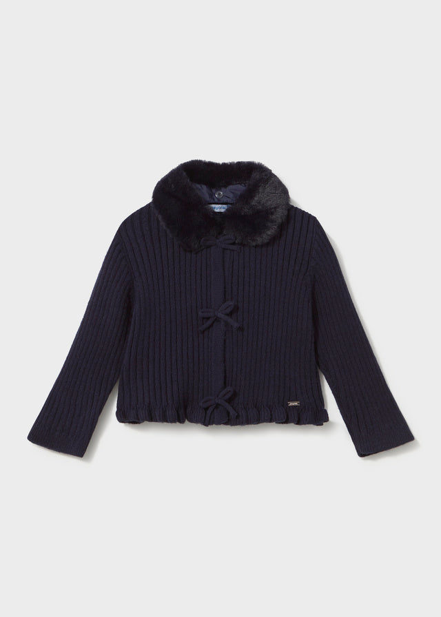 CARDIGAN IN FILATO CALDO MARINO CON COLLETTO IN ECOPELLICCIA