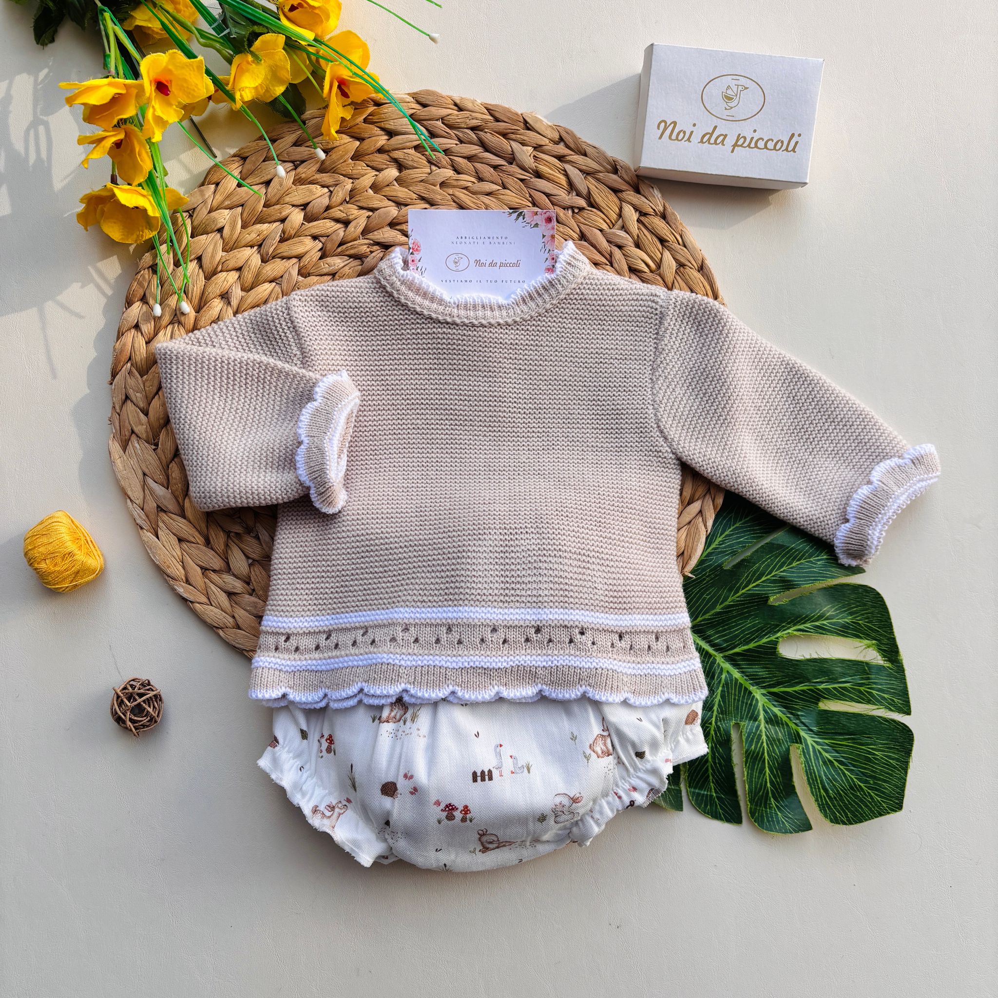 MAGLIETTINA CON CULOTTE ANIMALITOS COTONE CALDO BEIGE - Noi da piccoli