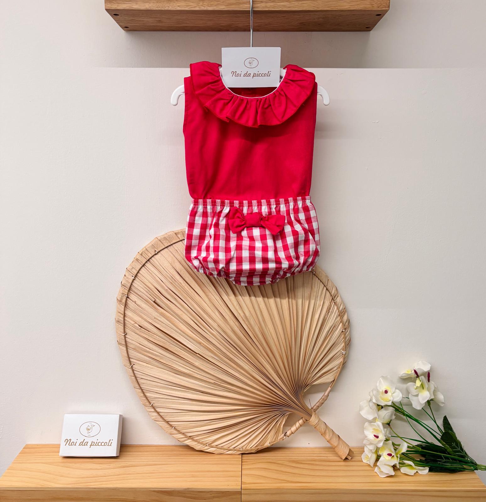 MAGLIETTINA CON CULOTTE IN COTONE A QUADRONI BIANCO ROSSO - Noi da piccoli