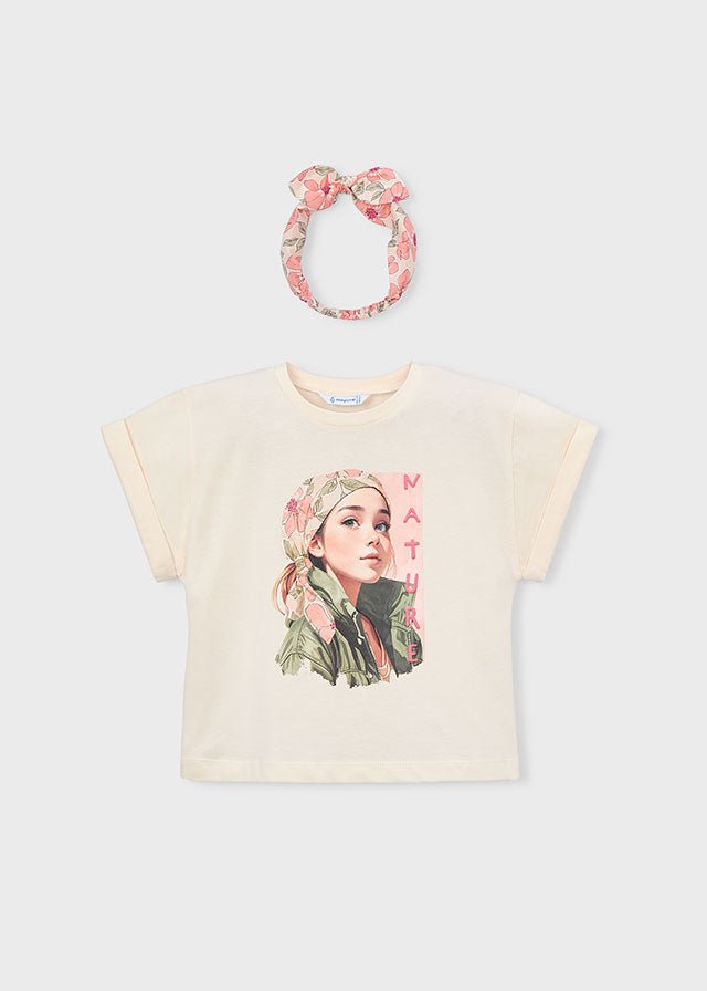 MAGLIETTINA IN COTONE CON FASCIA PER CAPELLI ABBINATA CREMA - Noi da piccoli